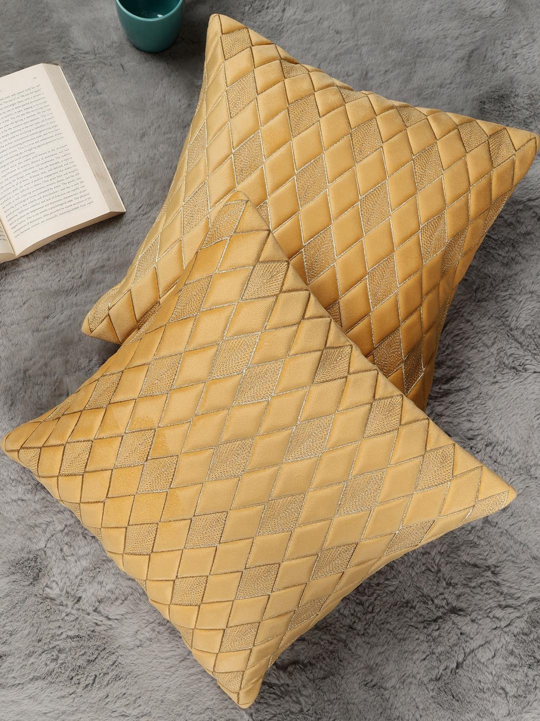 Yellow Color Diamond Shaped Embroidered Design, Set of 2 Pieces Velvet Cushion Cover