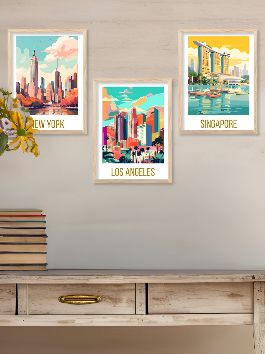 Kotart Brown & Blue 3 Pieces Cities Printed Wooden Wall Arts