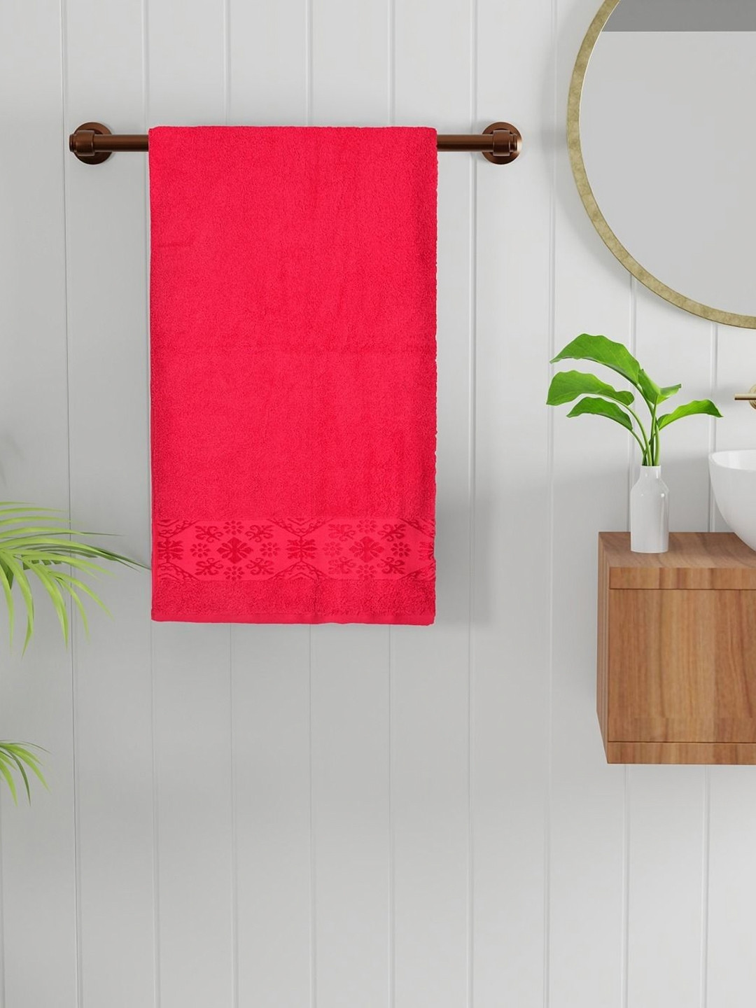 home expressions Red Floral Printed Cotton 470 GSM Bath Towel