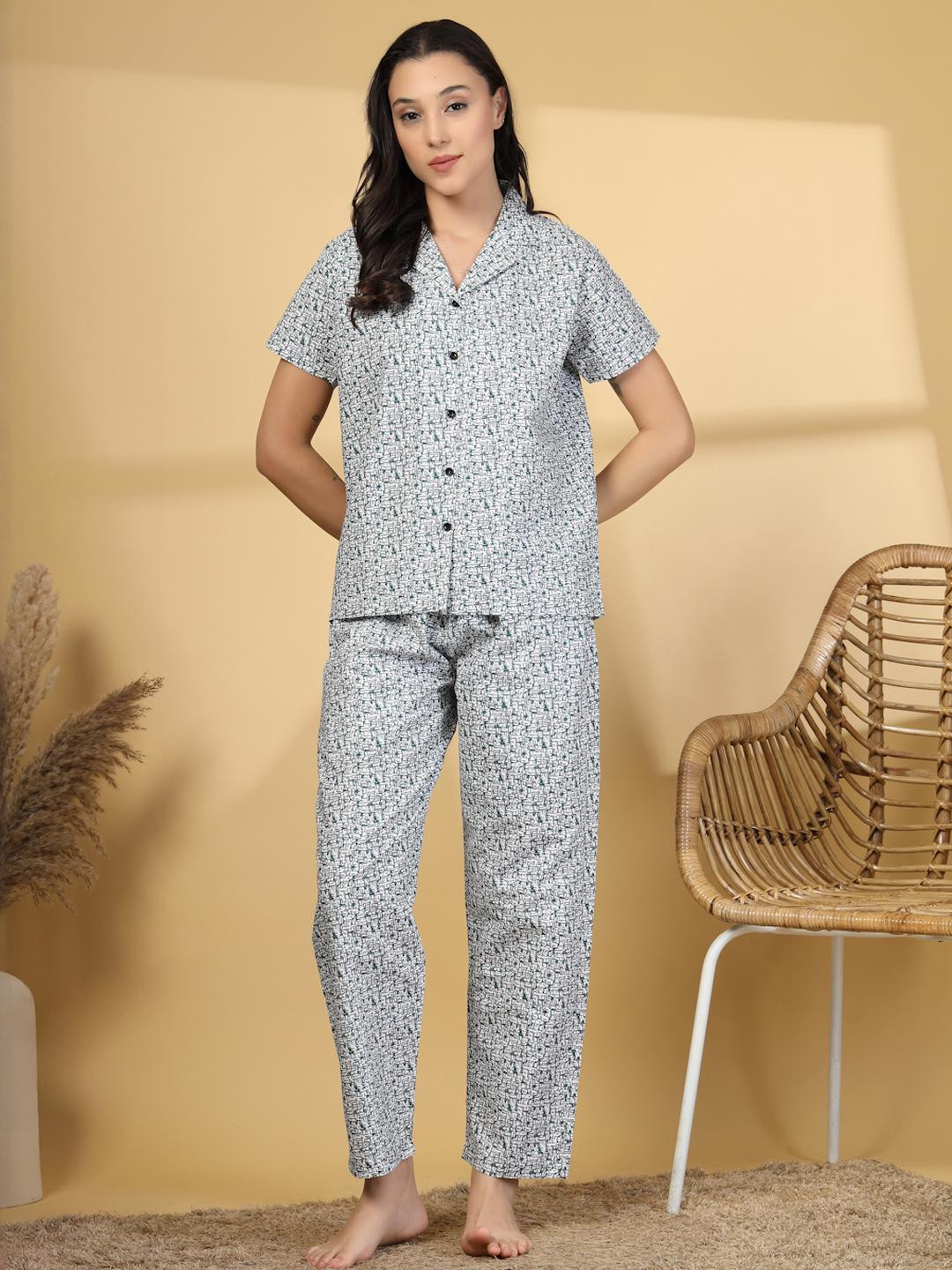 KLOTTHE Women Multi Geometric Printed Lapel Collar Short Sleeves Night Suit