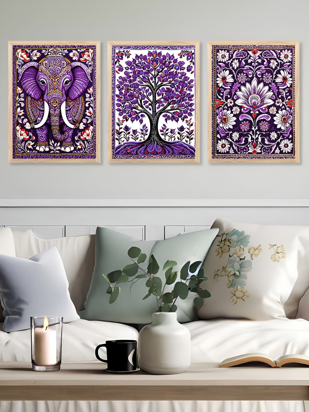 Kotart Brown & Purple 3 Pieces Floral & Elephant Printed Wooden Wall Arts
