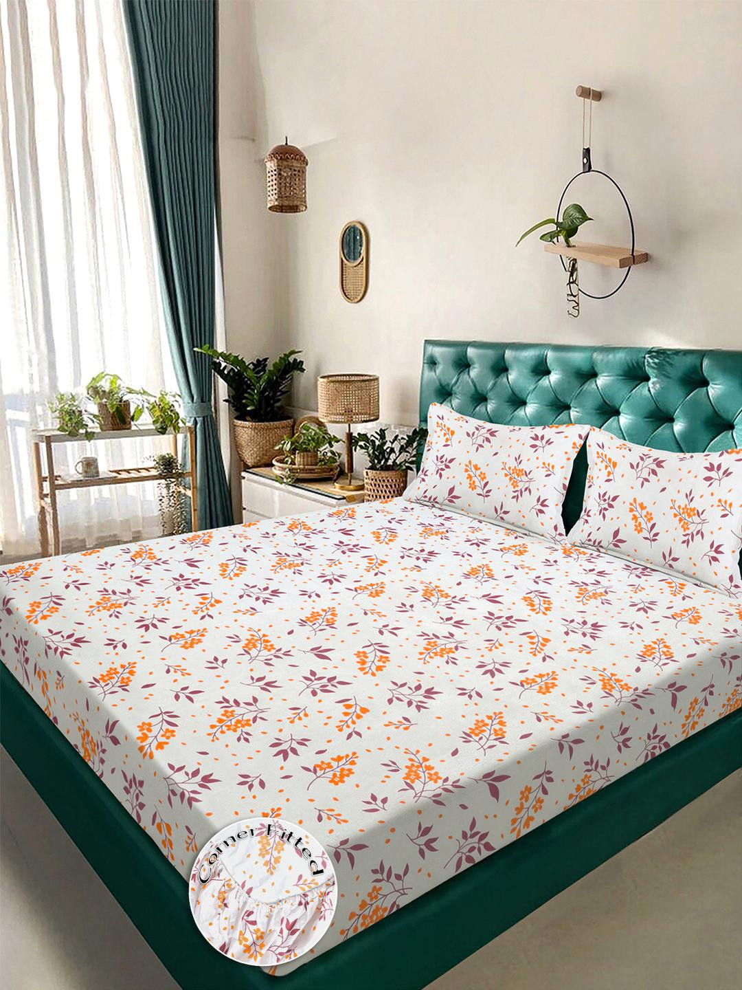 KLOTTHE White & Pink Floral Printed Fitted 300TC King Double Bed Sheet With 2 Pillow Cover