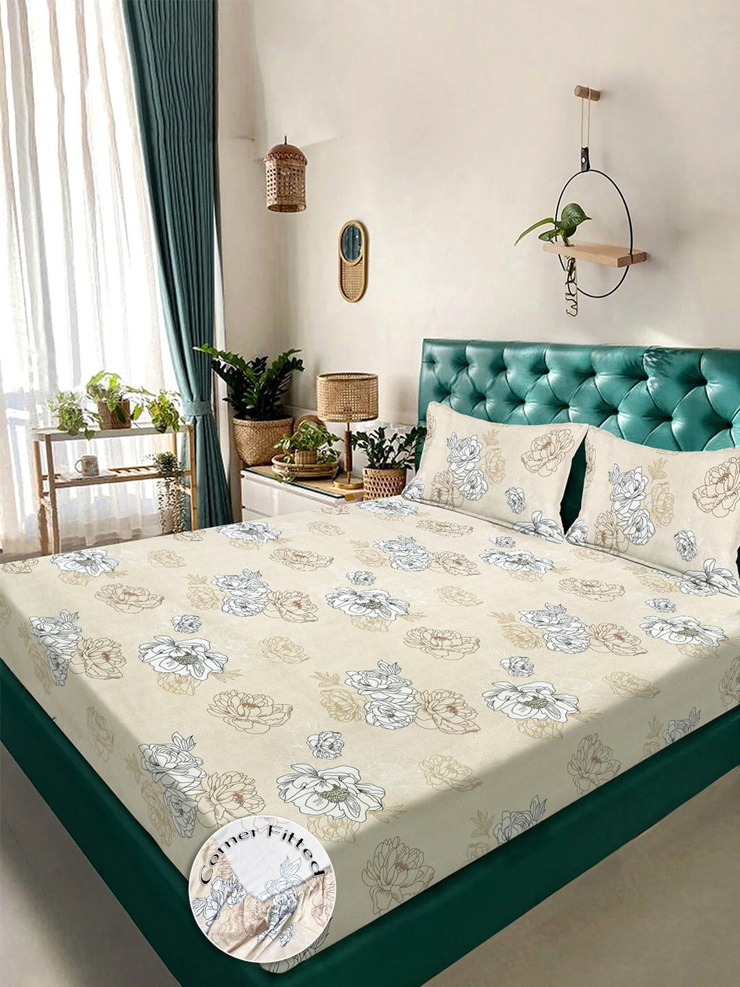 KLOTTHE Beige Floral Printed Fitted 300TC King Double King Bed Sheet With 2 Pillow Cover