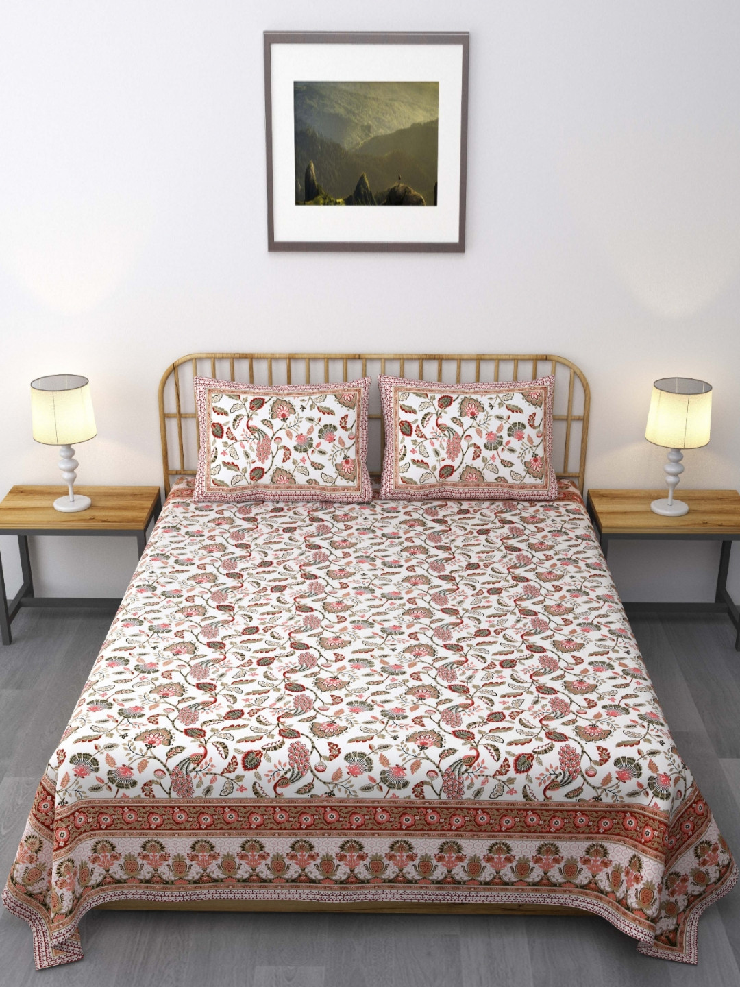Myntra Elegant Homes Pink Printed Cotton 210 TC King Bedsheet Set -2.54 m X 2.7432 m