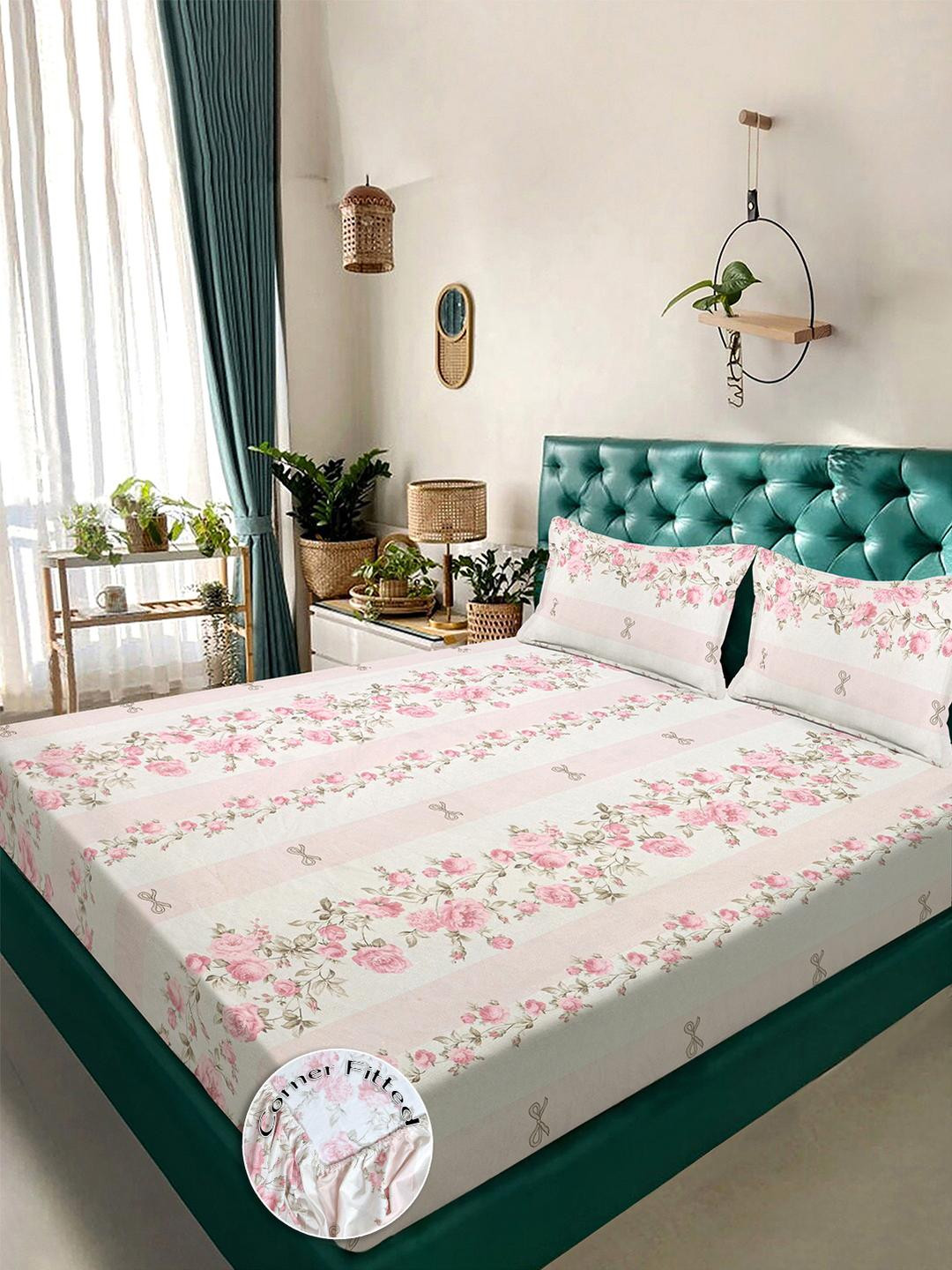 KLOTTHE White & Pink Floral Printed Fitted 300TC King Double Bed Sheet With 2 Pillow Cover