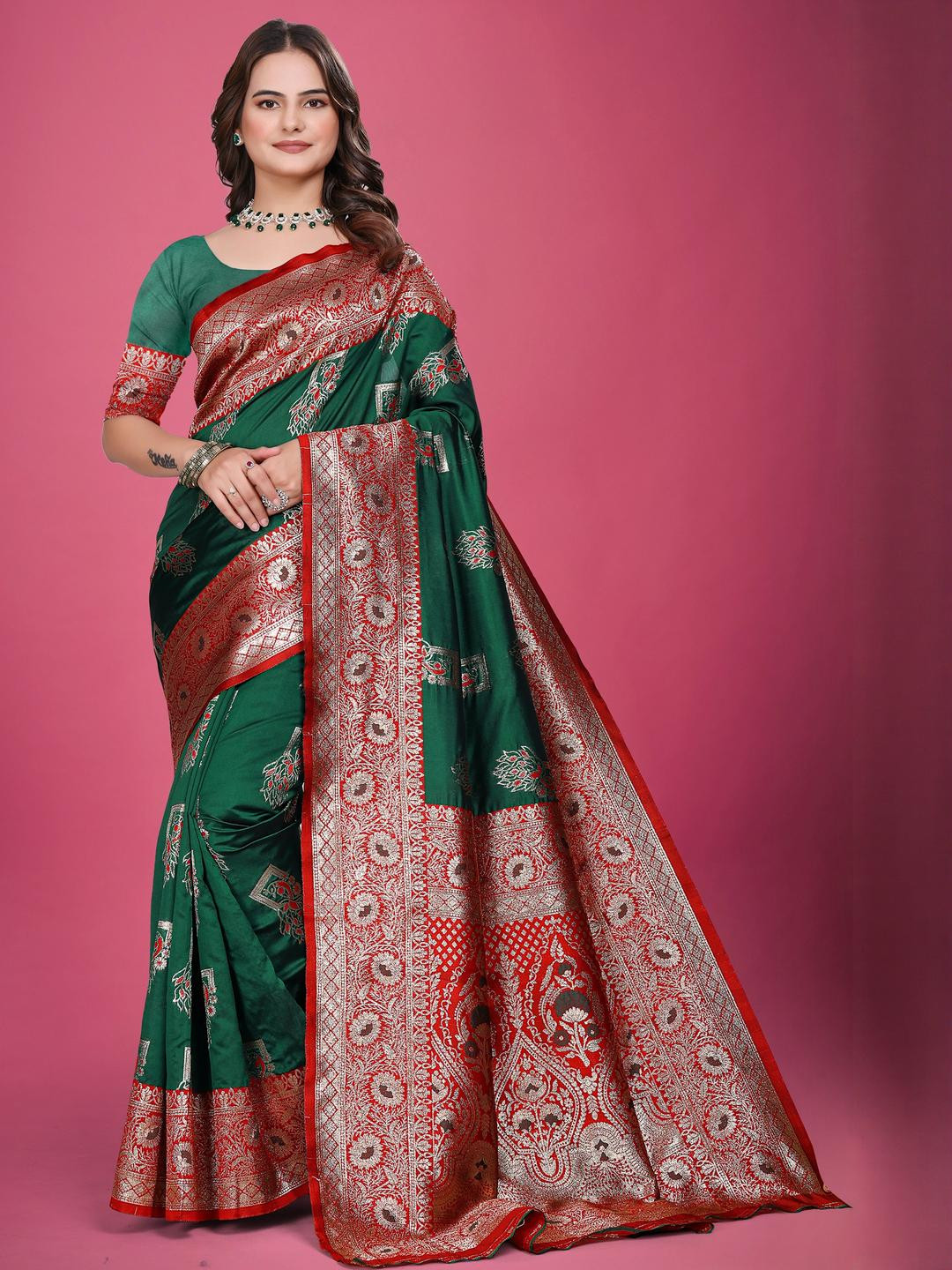 VS MALL Green Art Silk Sarees