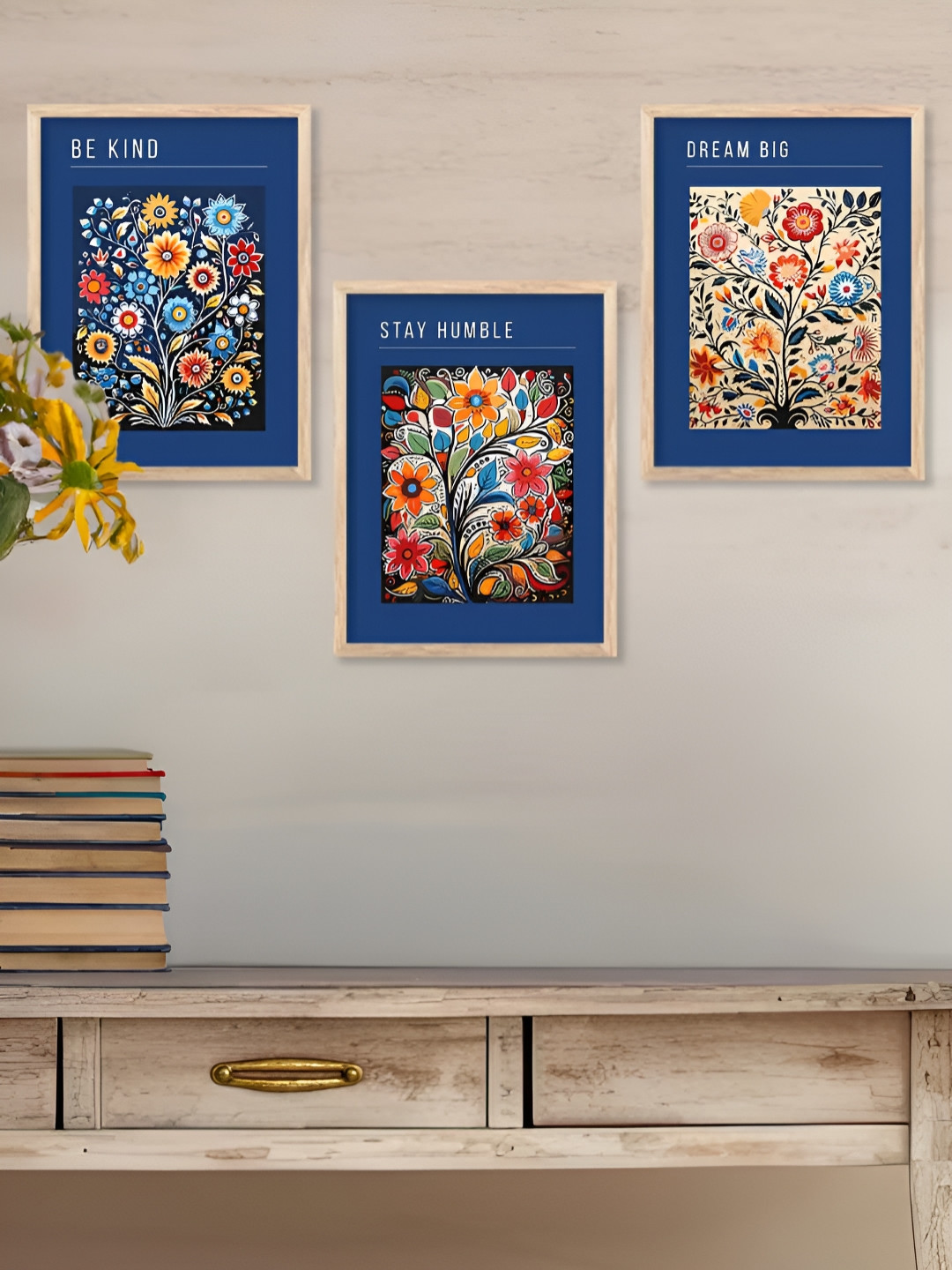 Kotart Brown, Blue & Green 3 Pieces Floral And Botanical Wooden Wall Arts