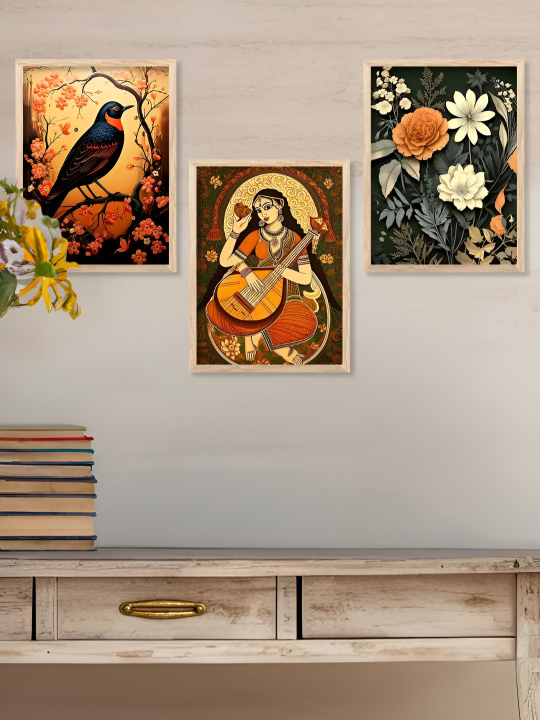 Kotart Brown & Orange Colored 3 Pieces Floral & Bird Printed Wooden Wall Arts
