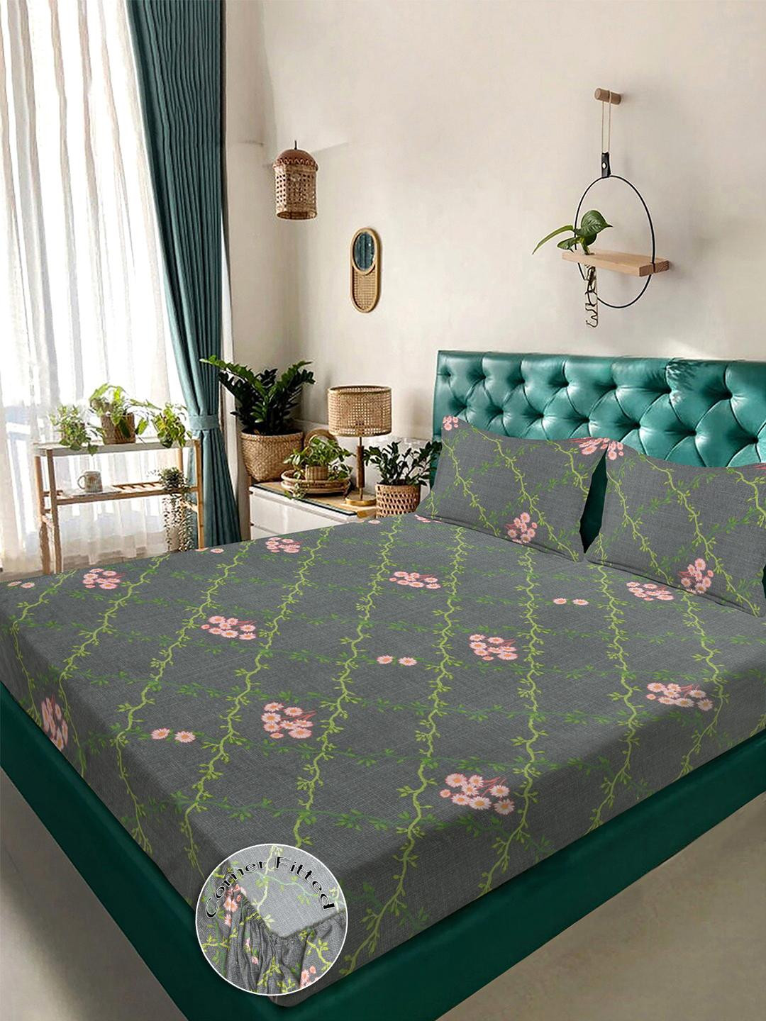 KLOTTHE Grey Floral Printed Fitted 300TC King Double Bed Sheet With 2 Pillow Cover
