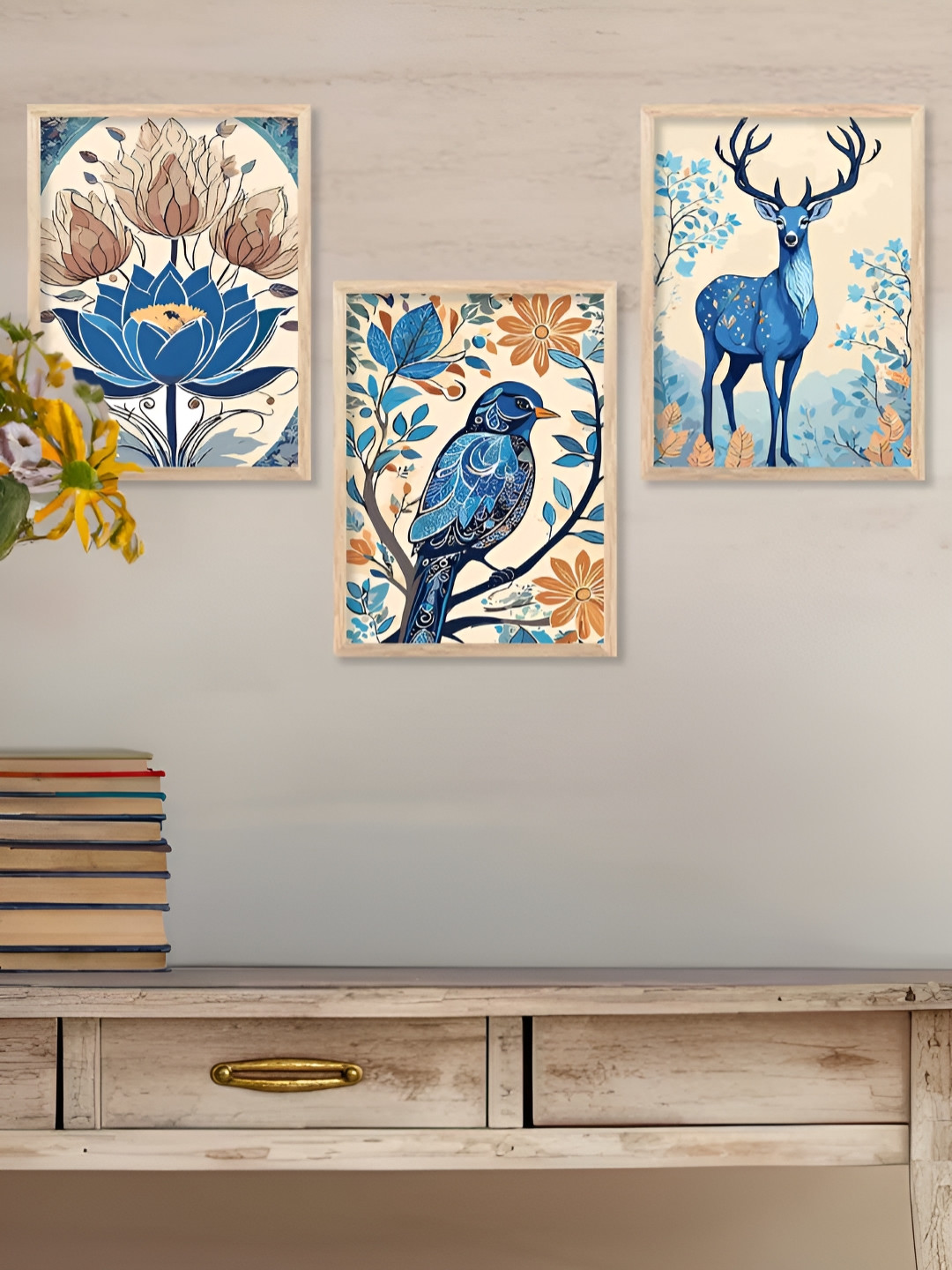 Kotart Brown & White 3 Pieces Animal Printed Wooden Wall Arts