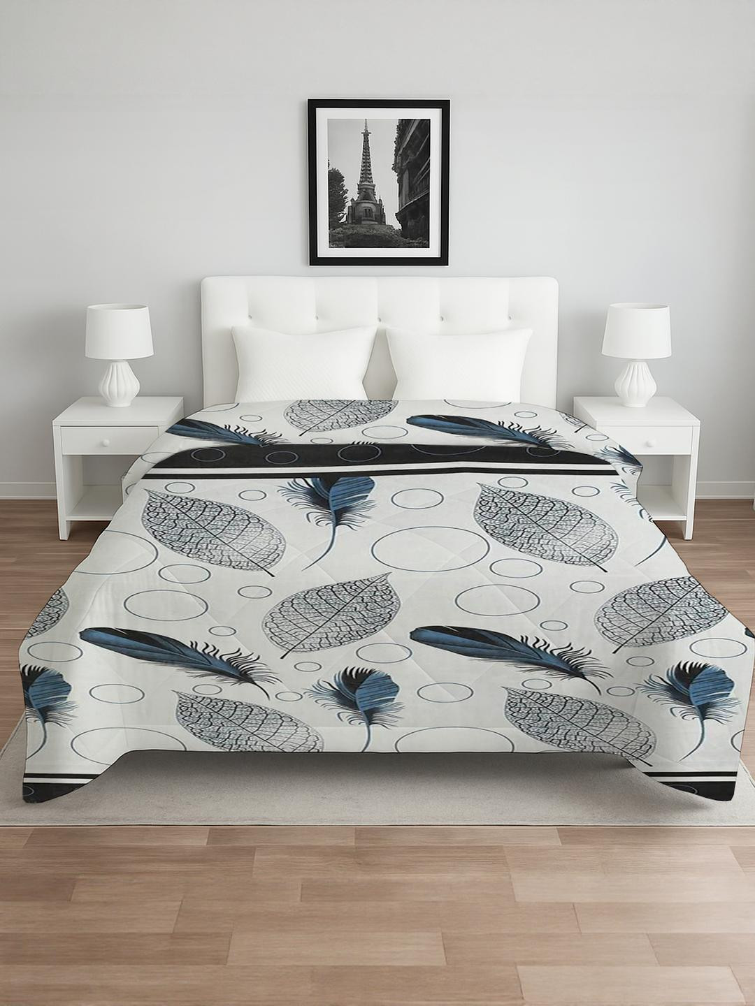 IVAZA White & Black Floral Microfiber AC Room 210 GSM Double Bed Comforter