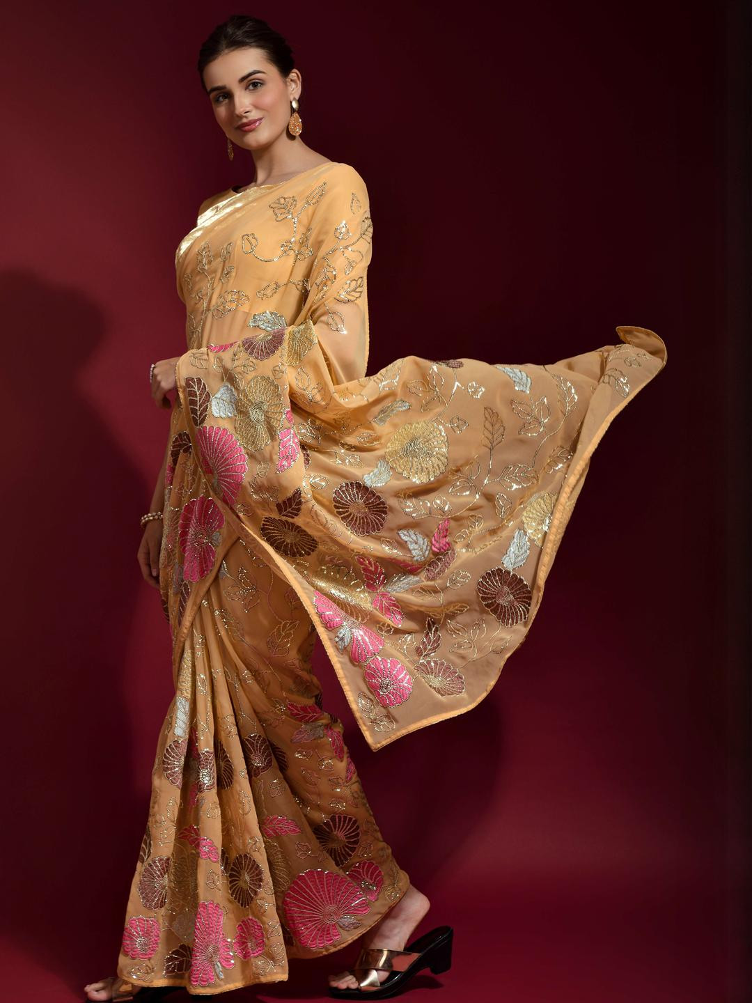 CaniBani Cream Pure Georgette Sarees