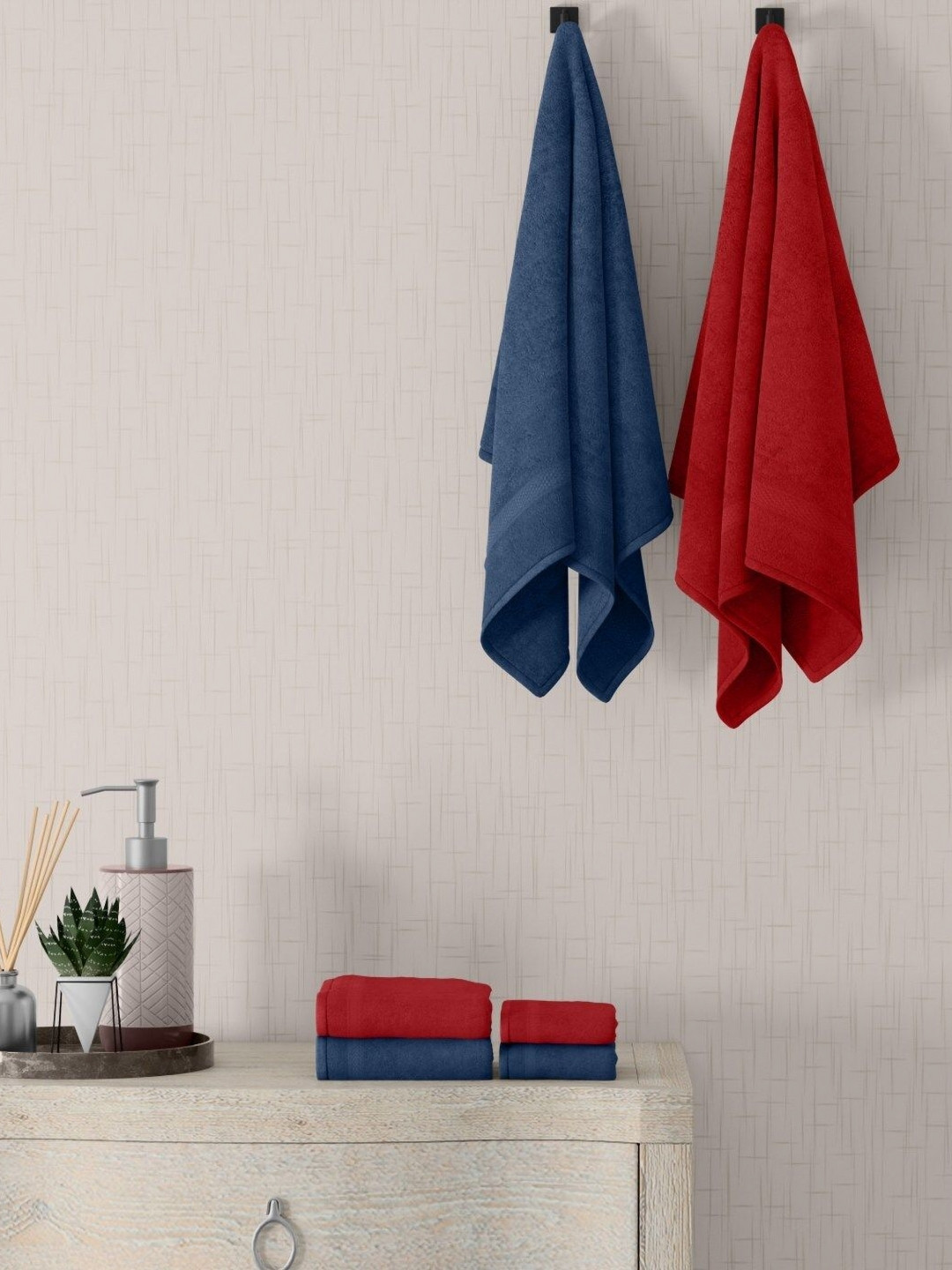 home expressions Red & Blue 6 Pieces Cotton 450 GSM Towel Sets
