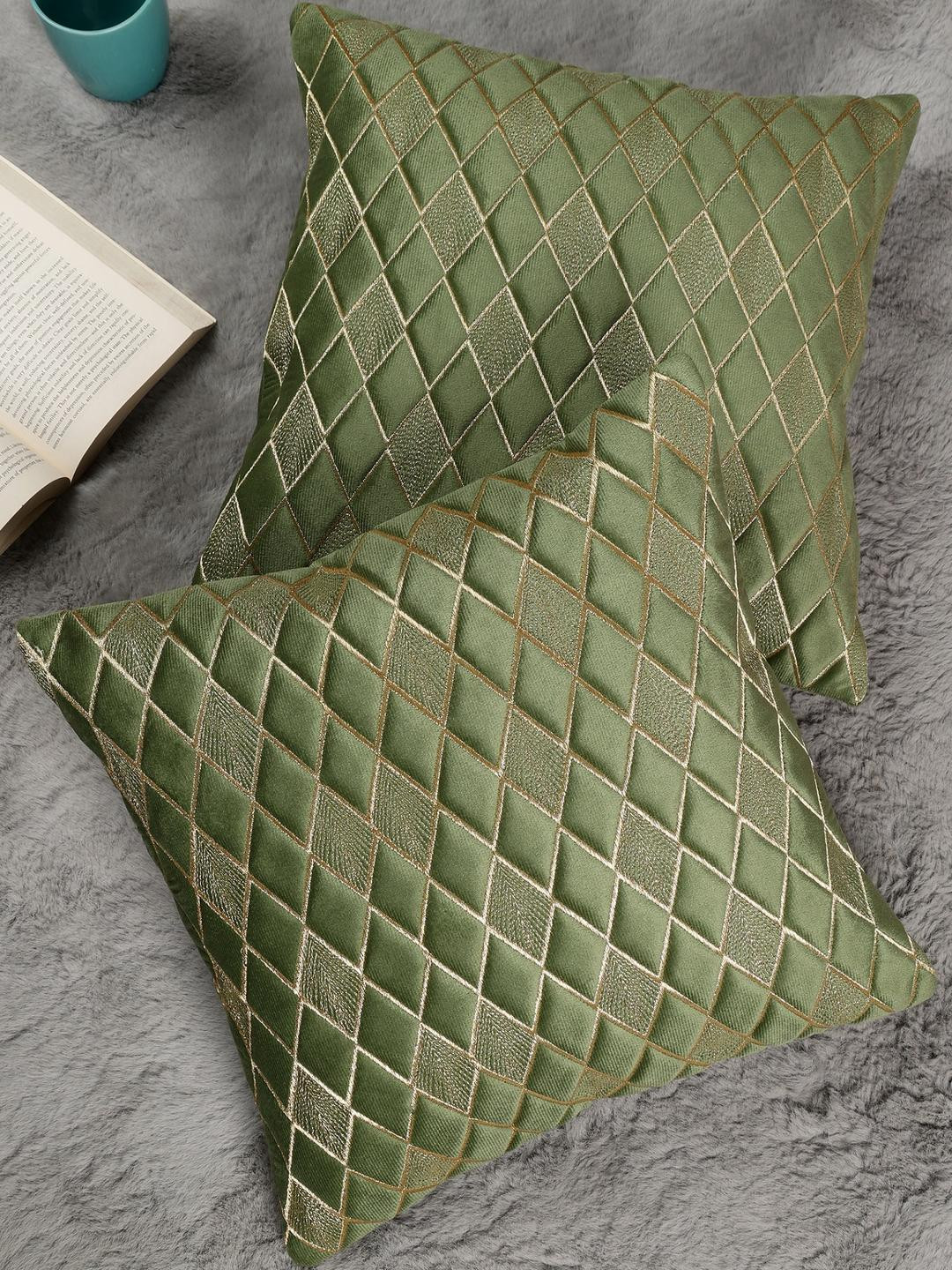 Green Color Diamond Shaped Embroidered Design, Set of 2 Pieces Velvet Cushion Cover