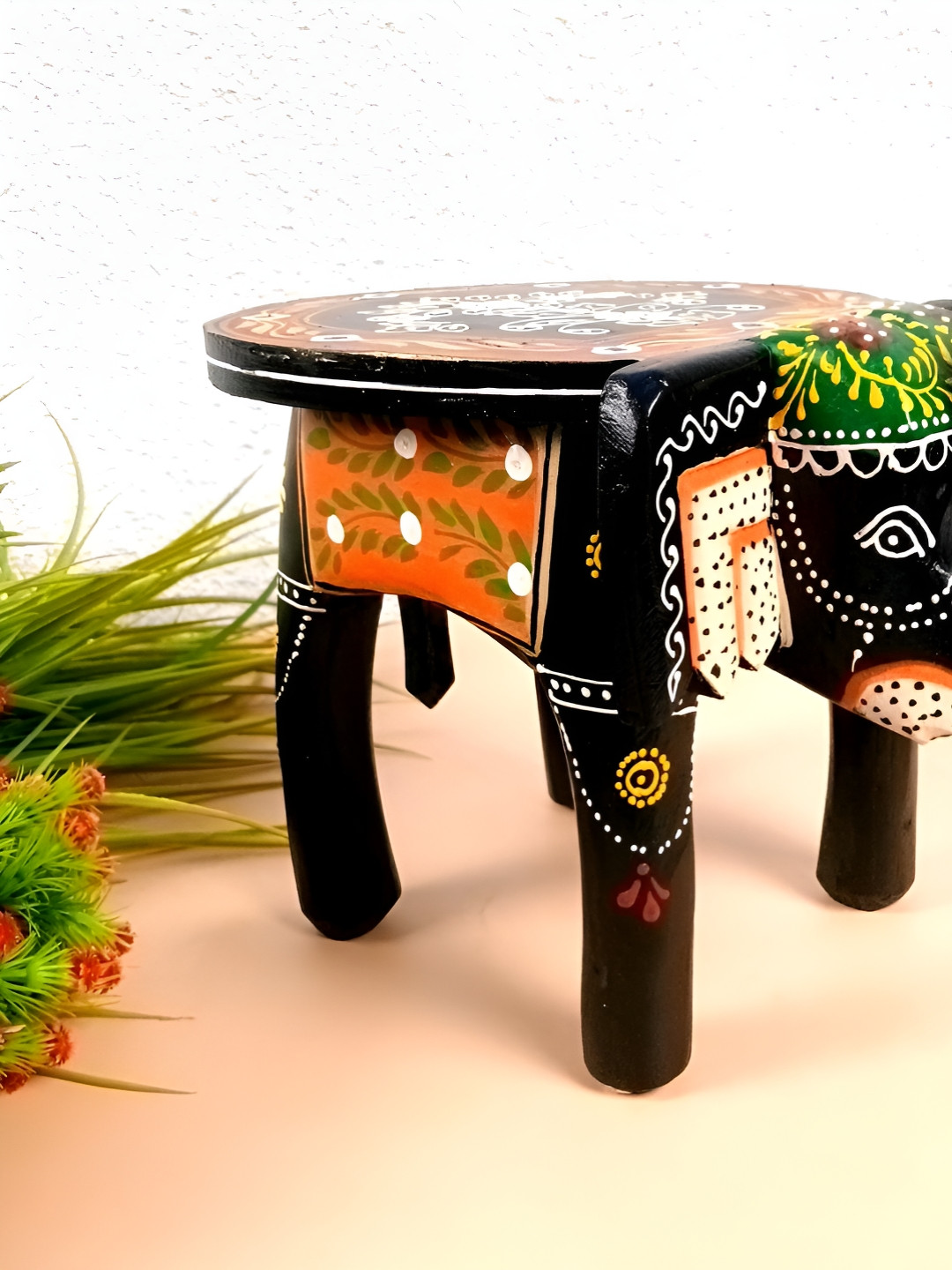 apka mart Elephant Printed Wooden Stool