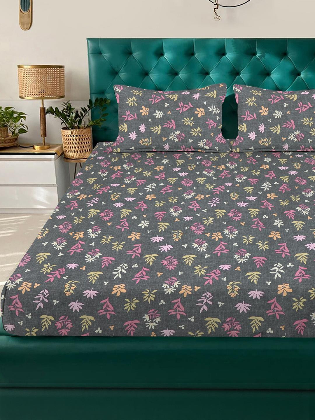 KLOTTHE Grey Floral Printed Fitted 300TC King Double Bed Sheet With 2 Pillow Cover