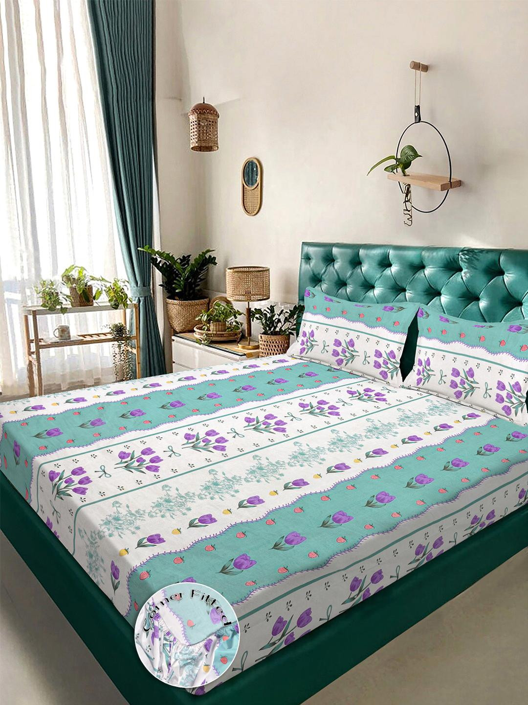 KLOTTHE White & Green Floral Printed Fitted 300TC Double King Bedsheet With 2 Pillow Cover