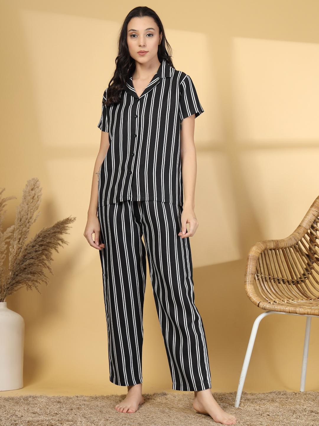 KLOTTHE Women Black & White Striped Printed Lapel Collar Short Sleeves Night Suit