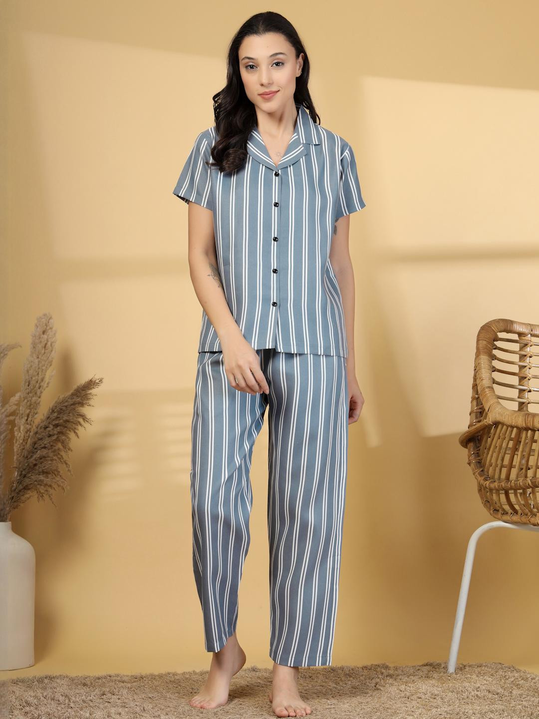 KLOTTHE Women Grey and White Striped Printed Lapel Collar Short Sleeves Night Suit