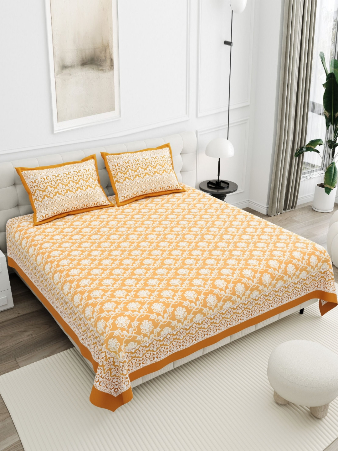 SWITCHON Yellow Ethnic Motifs Printed Cotton 180 TC Bedsheet Set -2.54 m X 2.7432 m