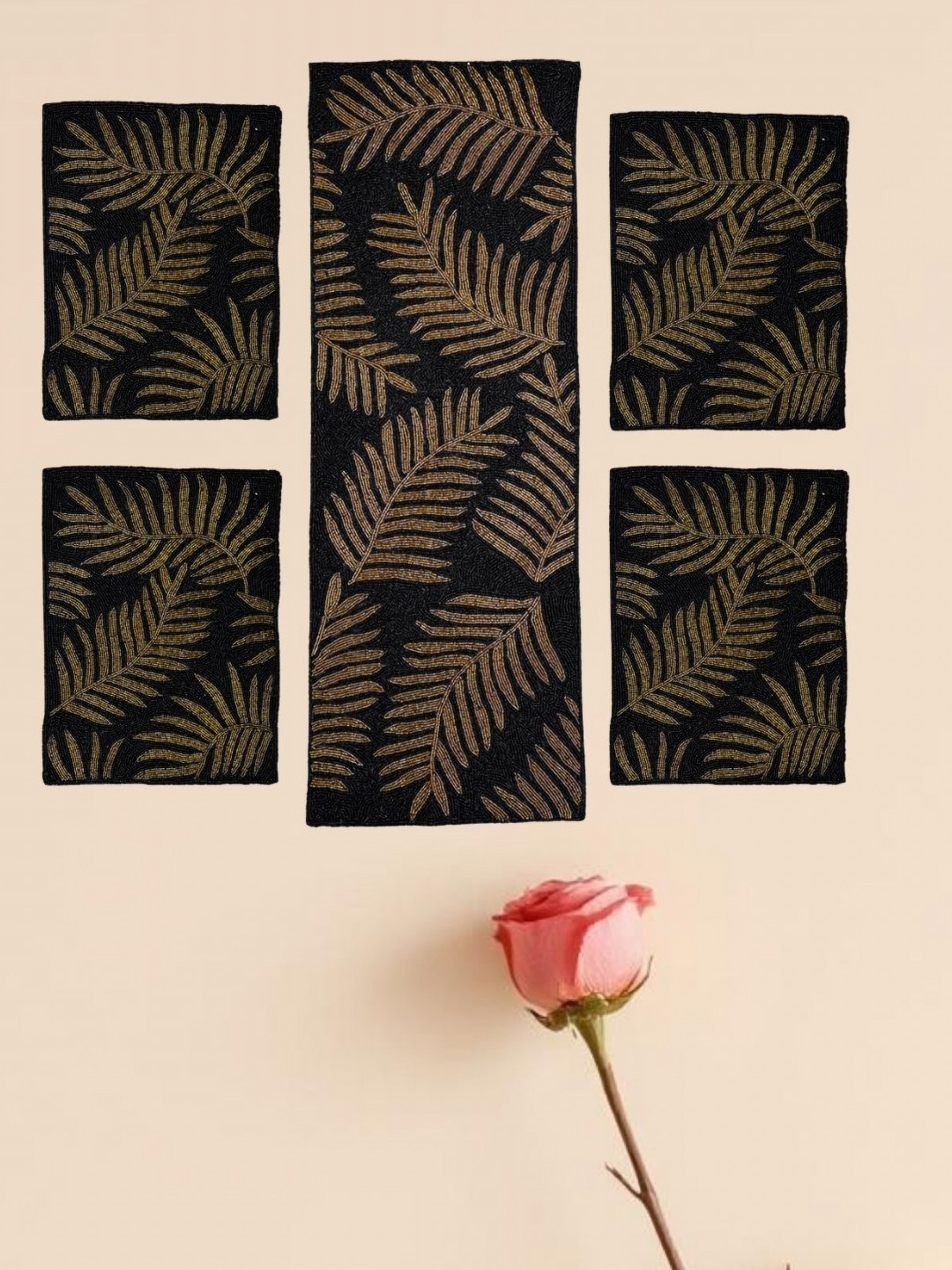 YWULY 5-Pcs Black & Brown Embellished Table Linen Set