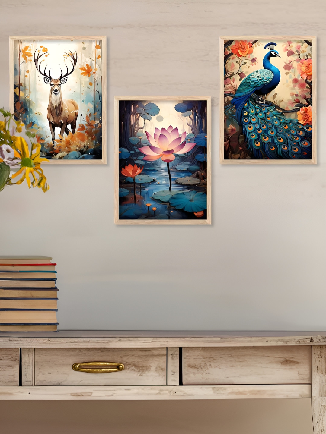 Kotart Brown & Blue 3 Pieces Wooden Bird And Animal Painting Wall Arts