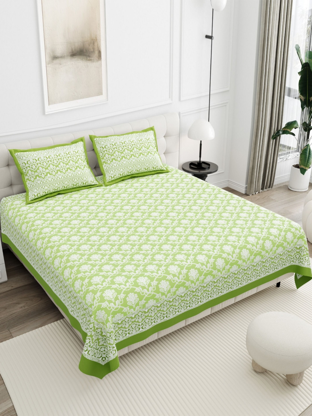 SWITCHON Green & White Ethnic Motifs Cotton 180 TC Bedsheet Set -2.54 m X 2.7432 m