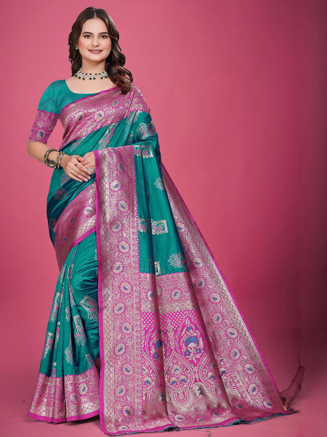 VS MALL Turquoise Blue Art Silk Sarees