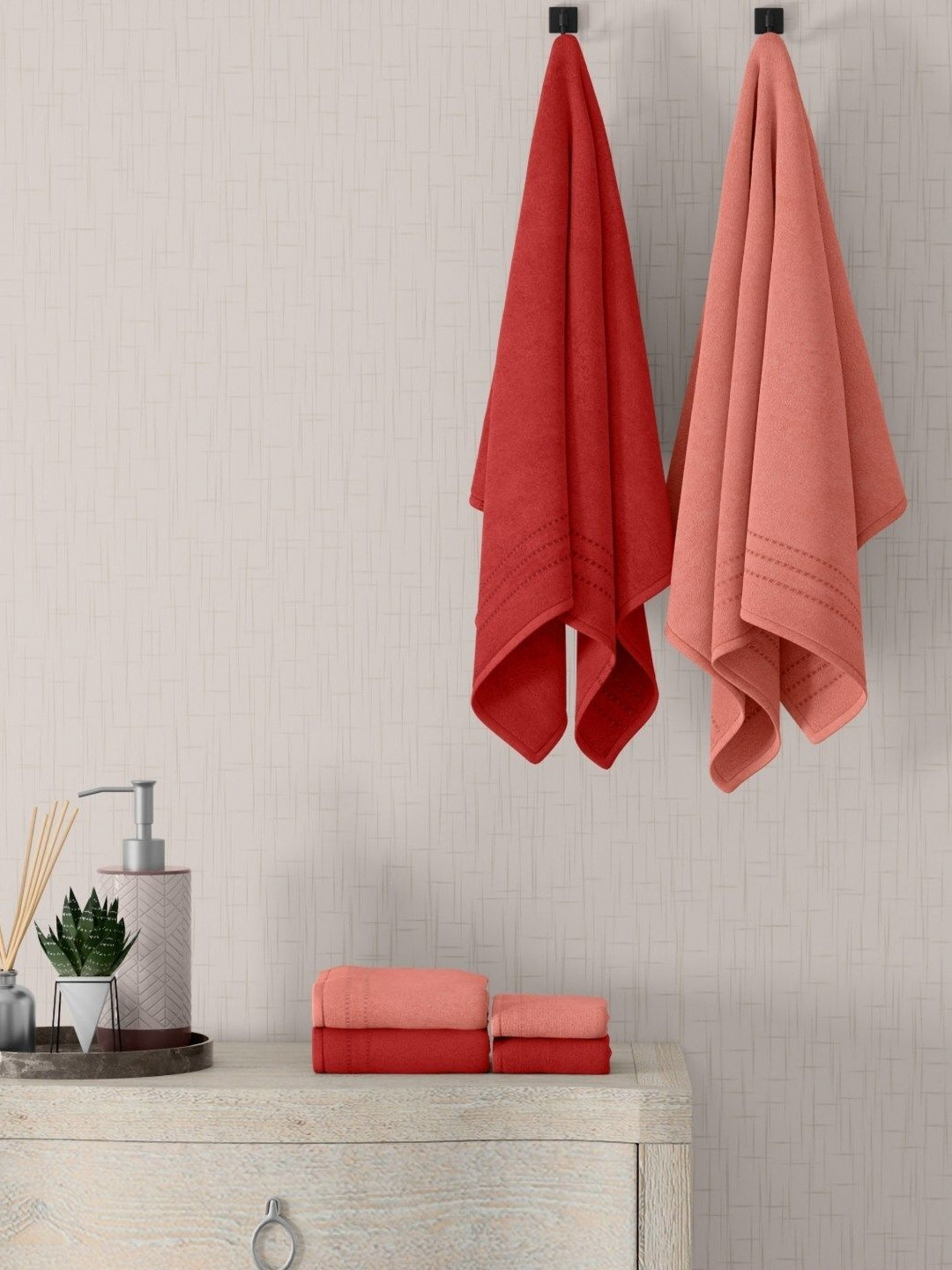 home expressions Peach-Coloured & Red 6 Pieces Cotton 380 GSM Towel Sets