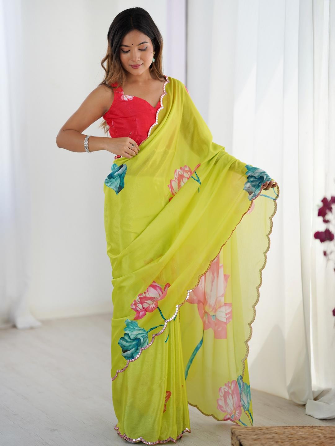CaniBani Lime Green Silk Blend Sarees