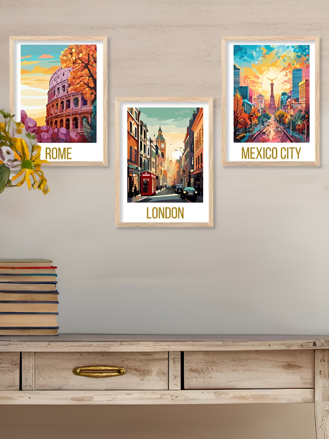 Kotart Brown & Red 3 Pieces Contemporary Wooden Wall Arts