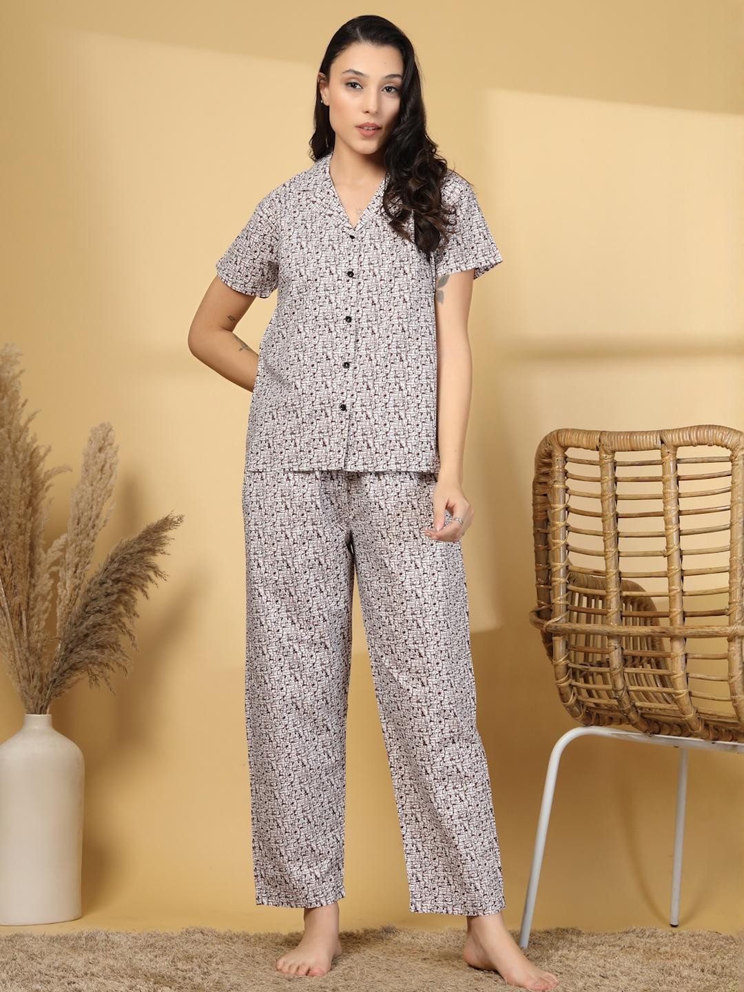 KLOTTHE Women Multi Geometric Printed Lapel Collar Short Sleeves Night Suit