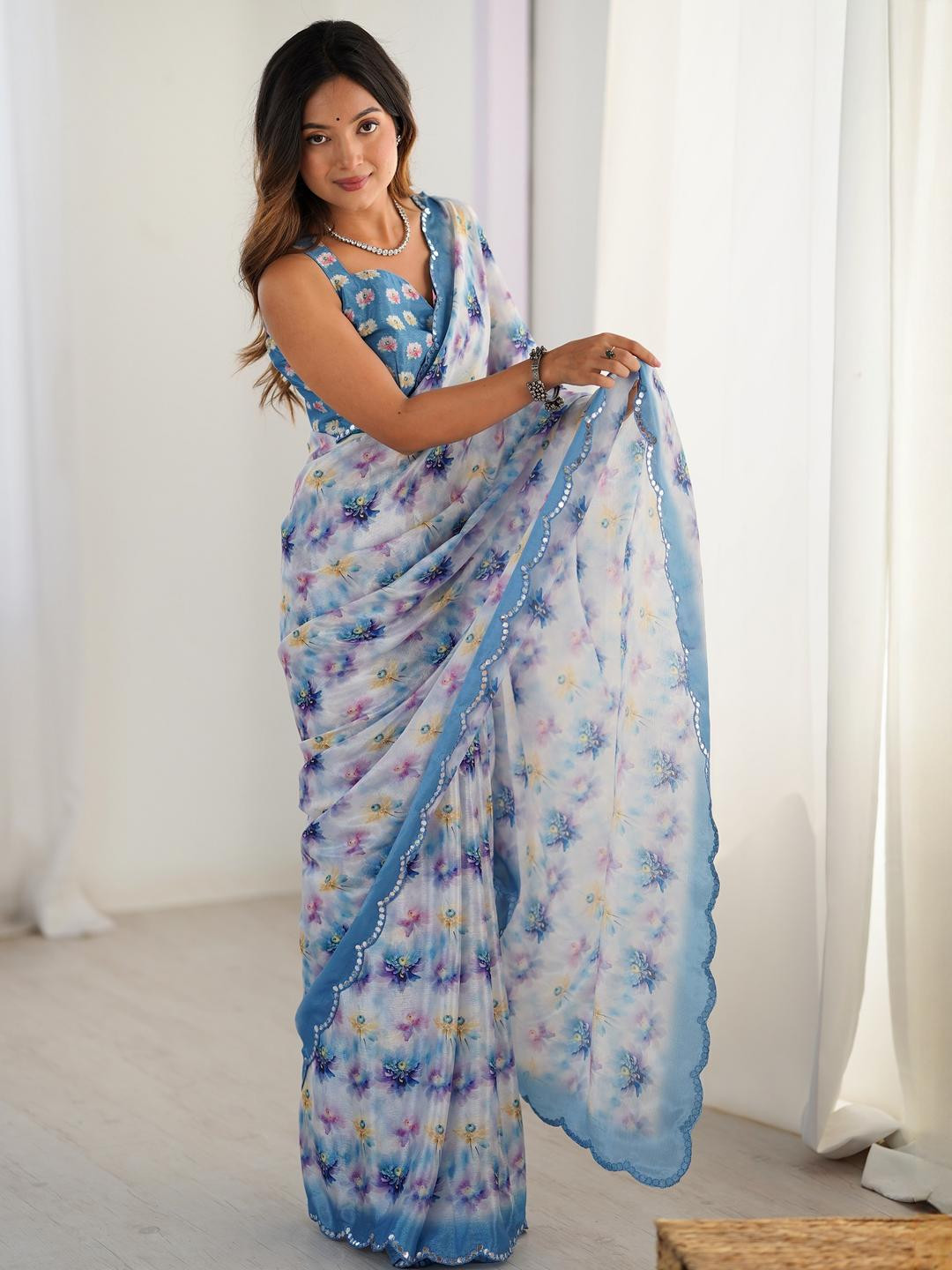 CaniBani Turquoise Blue Silk Blend Sarees