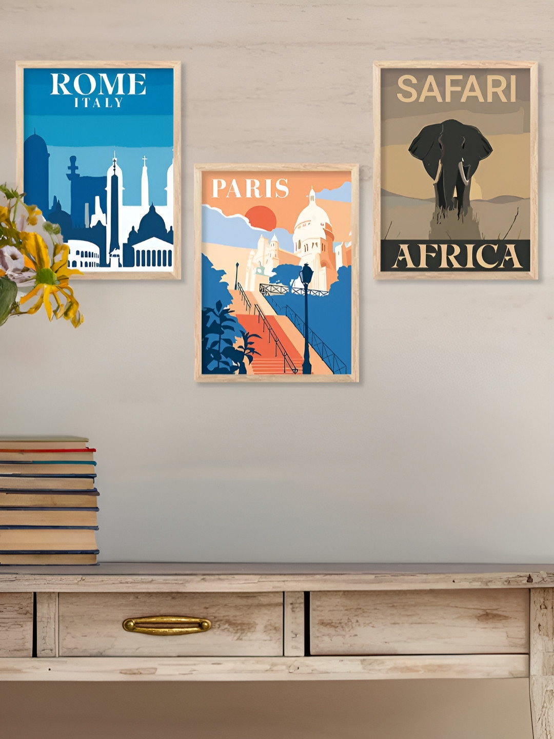 Kotart Brown & White 3 Pieces Cities Printed Wooden Wall Arts