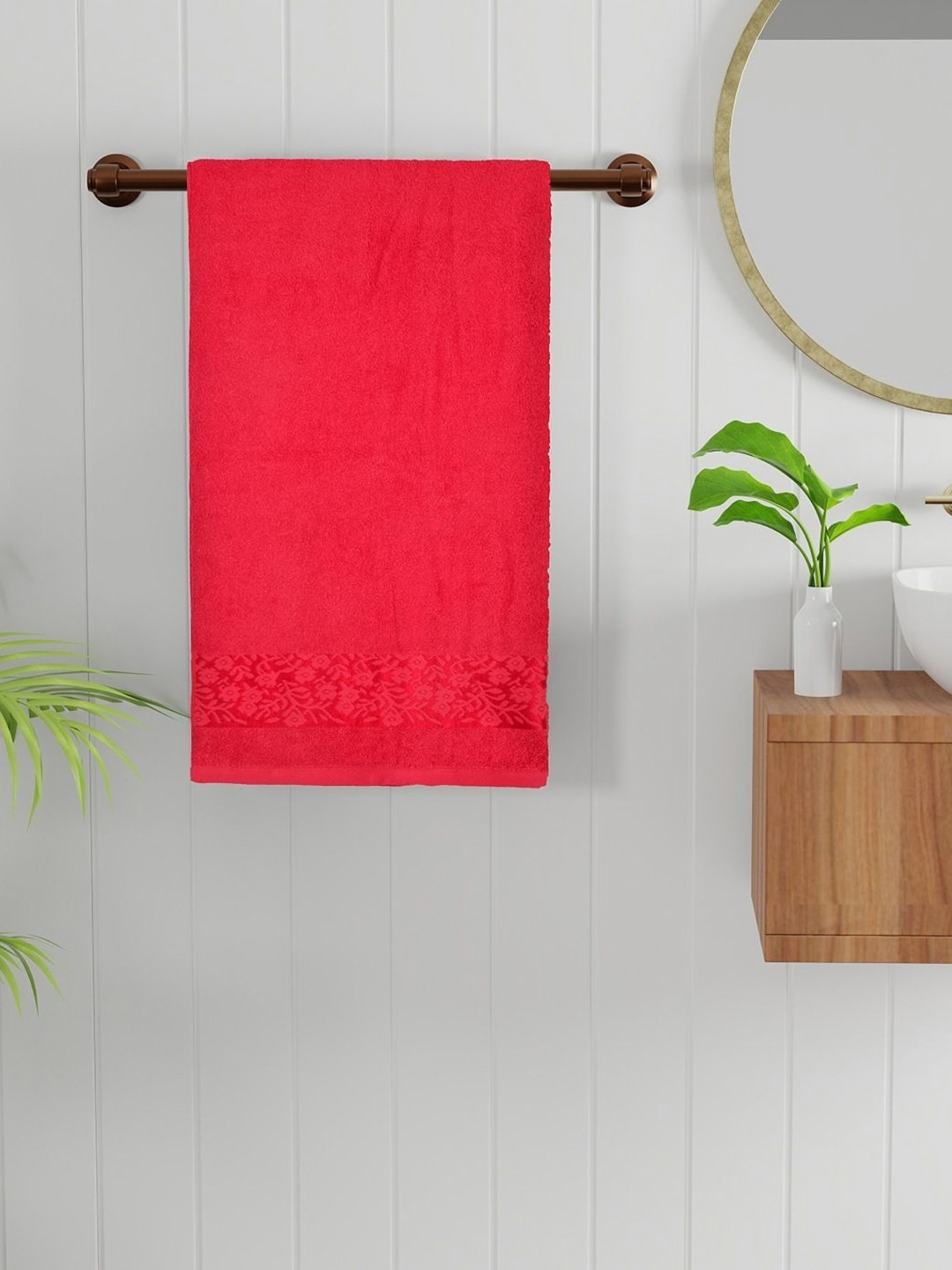 home expressions Red Floral Printed Cotton 470 GSM Bath Towel