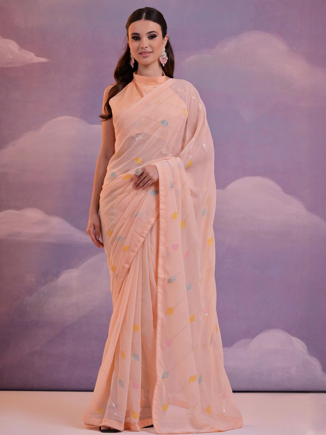 CaniBani Peach Pure Georgette Sarees
