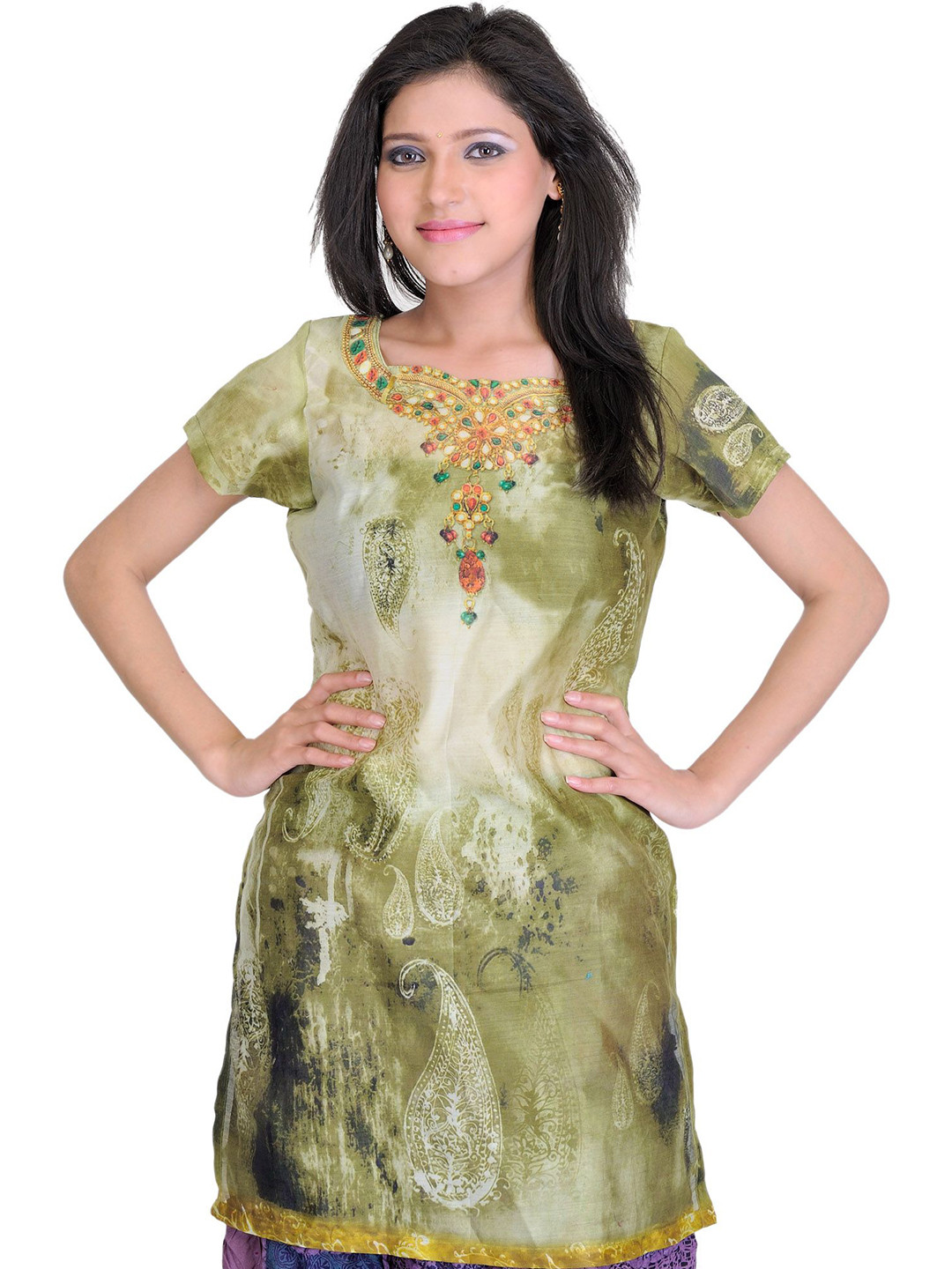 Exotic India Women Pure Cotton Gleam-Green Digital-Printed Kurti with Paisleys
