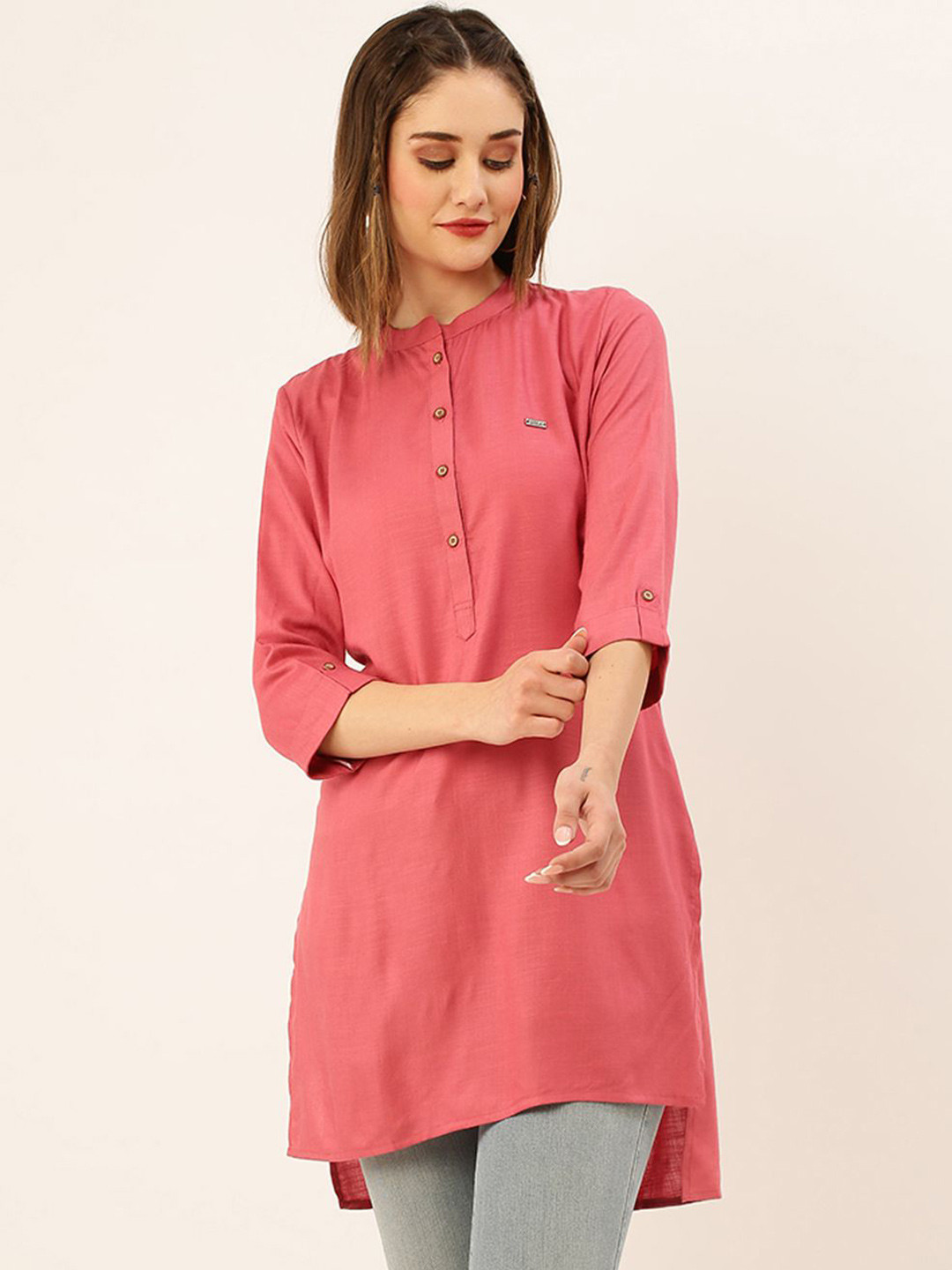 ZOLA Exclusive Mandarin Collar Rayon Solid Onion Straight Kurta For Women