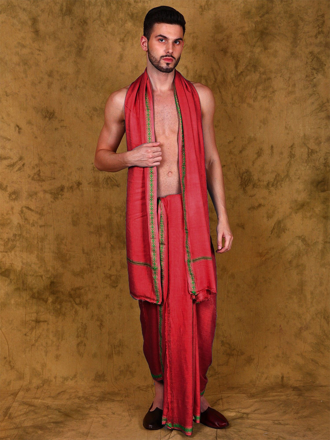 Exotic India Jute Fiber Dhoti with Angavastram Set and Thread Woven Border from Varanasi