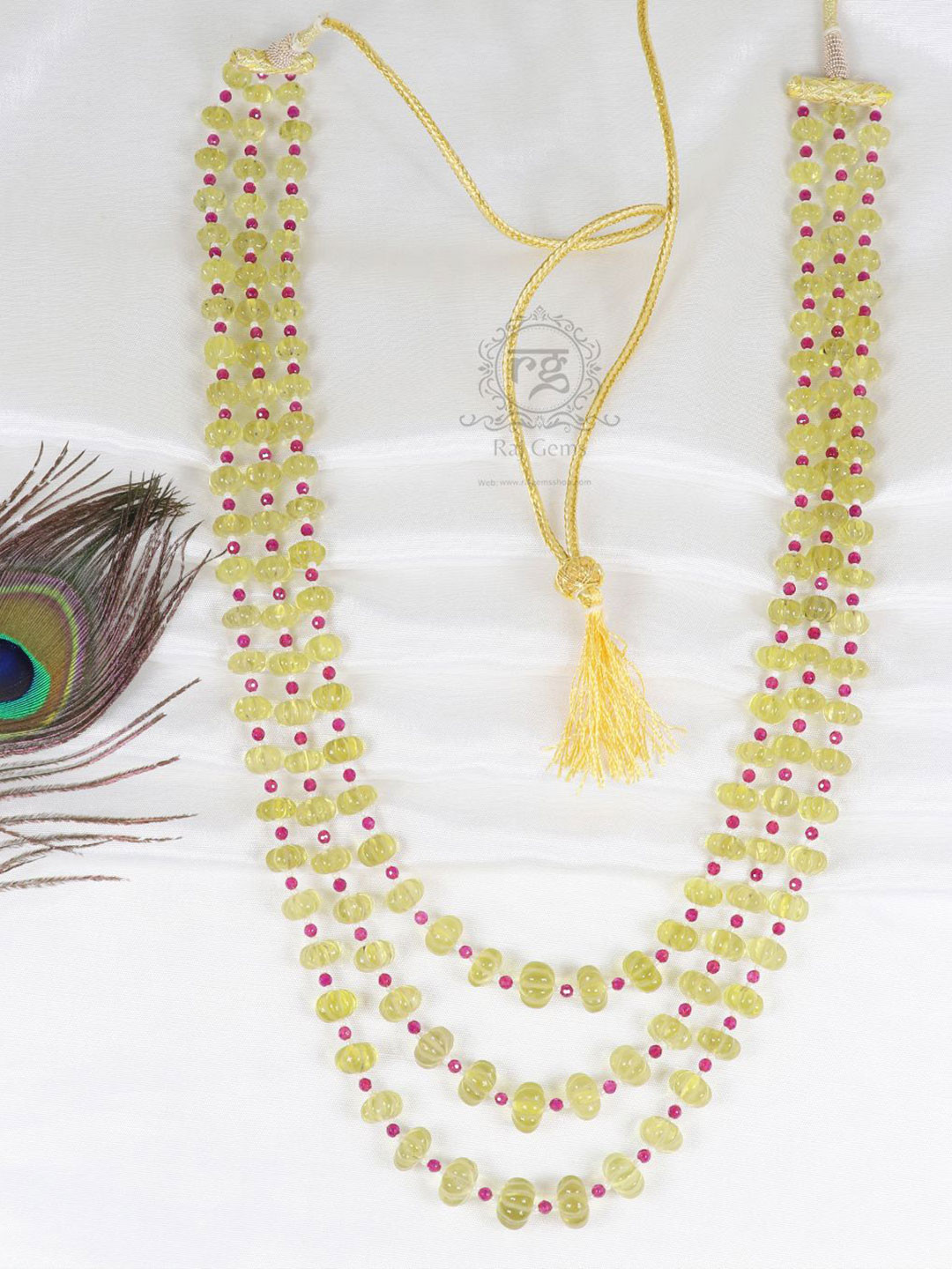 Raj Gems Natural Lemon Quartz Ruby & Pearls Gemstone Beaded Necklace Jewelry