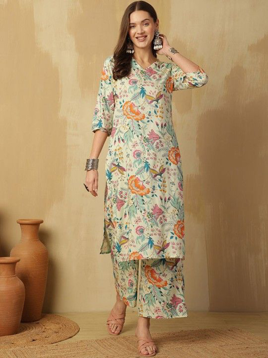 TOULIN Women Floral Printed Cotton Kurta with Palazzo