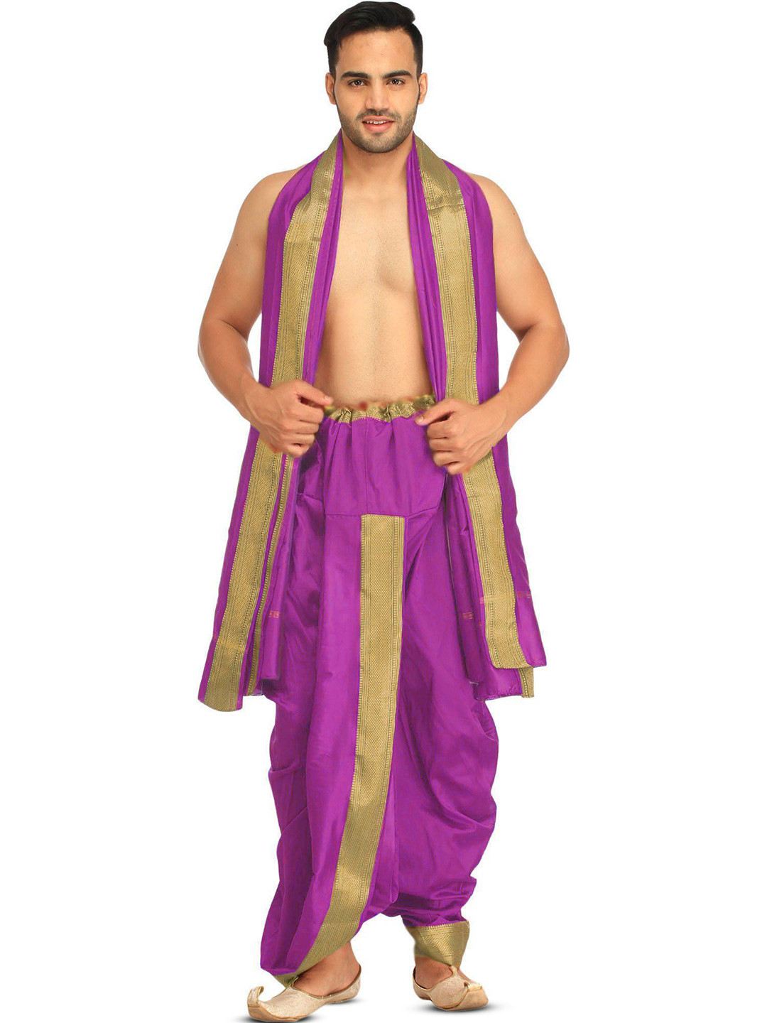 Exotic India Art Silk Dhoti and Angavastram Set with Wide Golden Border (Ready to Wear)