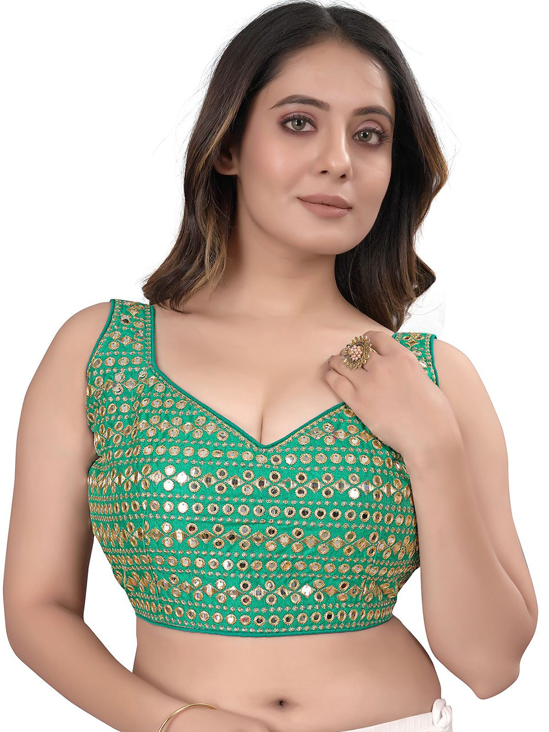 HERE&NOW Embroidered Silk Sweetheart Neck Mirror Work Readymade Saree Blouse