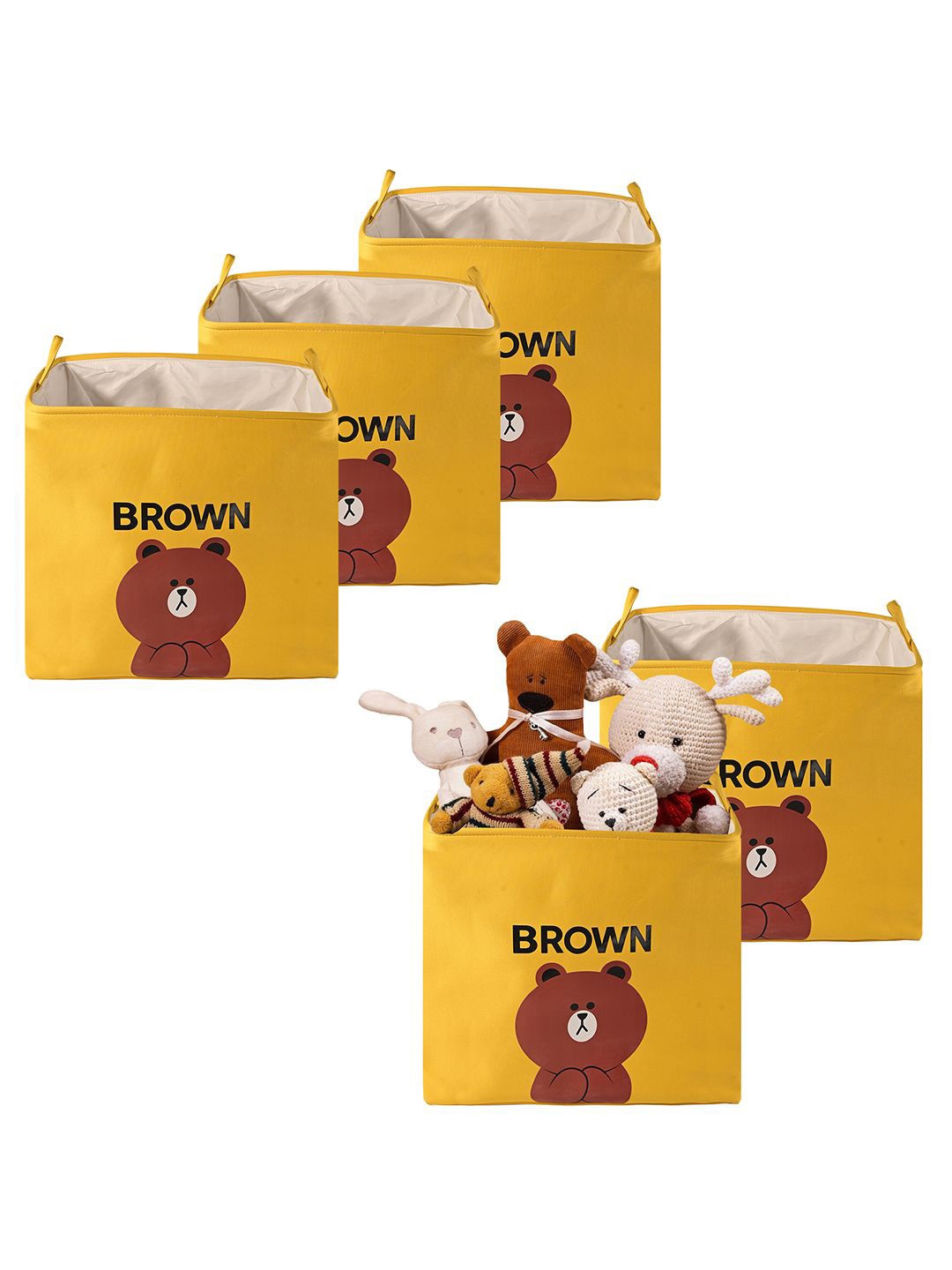 Aura 5-Pcs Yellow & Brown Foldable Storage Box Big Size With Handles -75 L