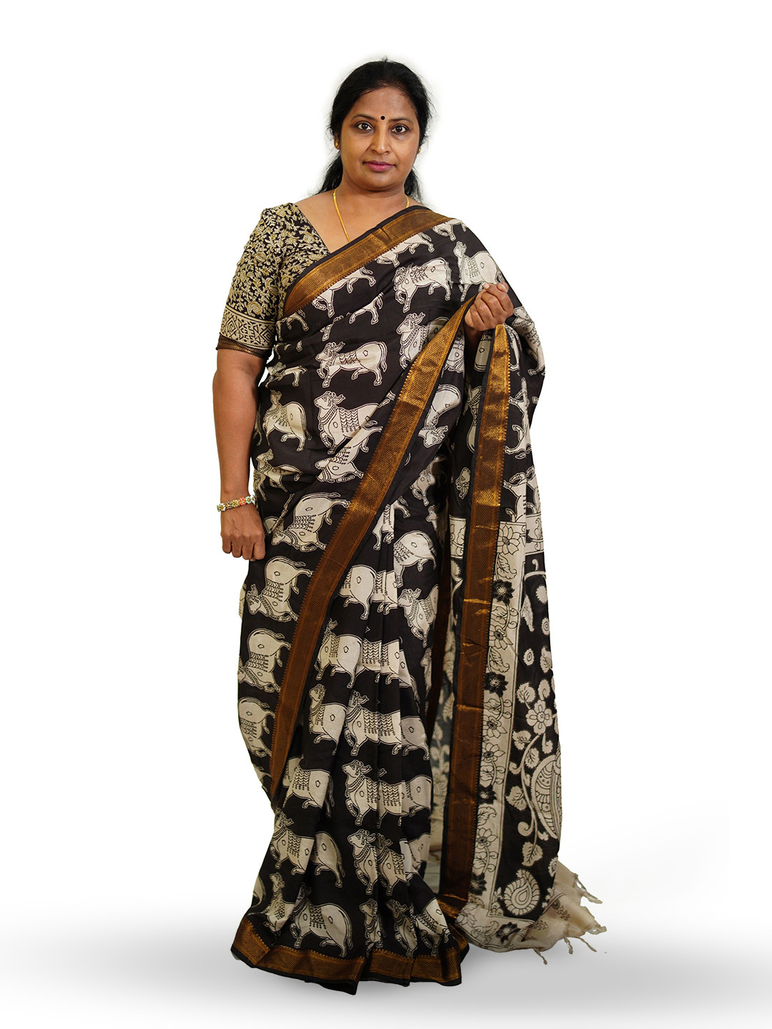 SR HANDLOOMS AND TEXTILES Kalamkari Printed Woven Design Zari Saree