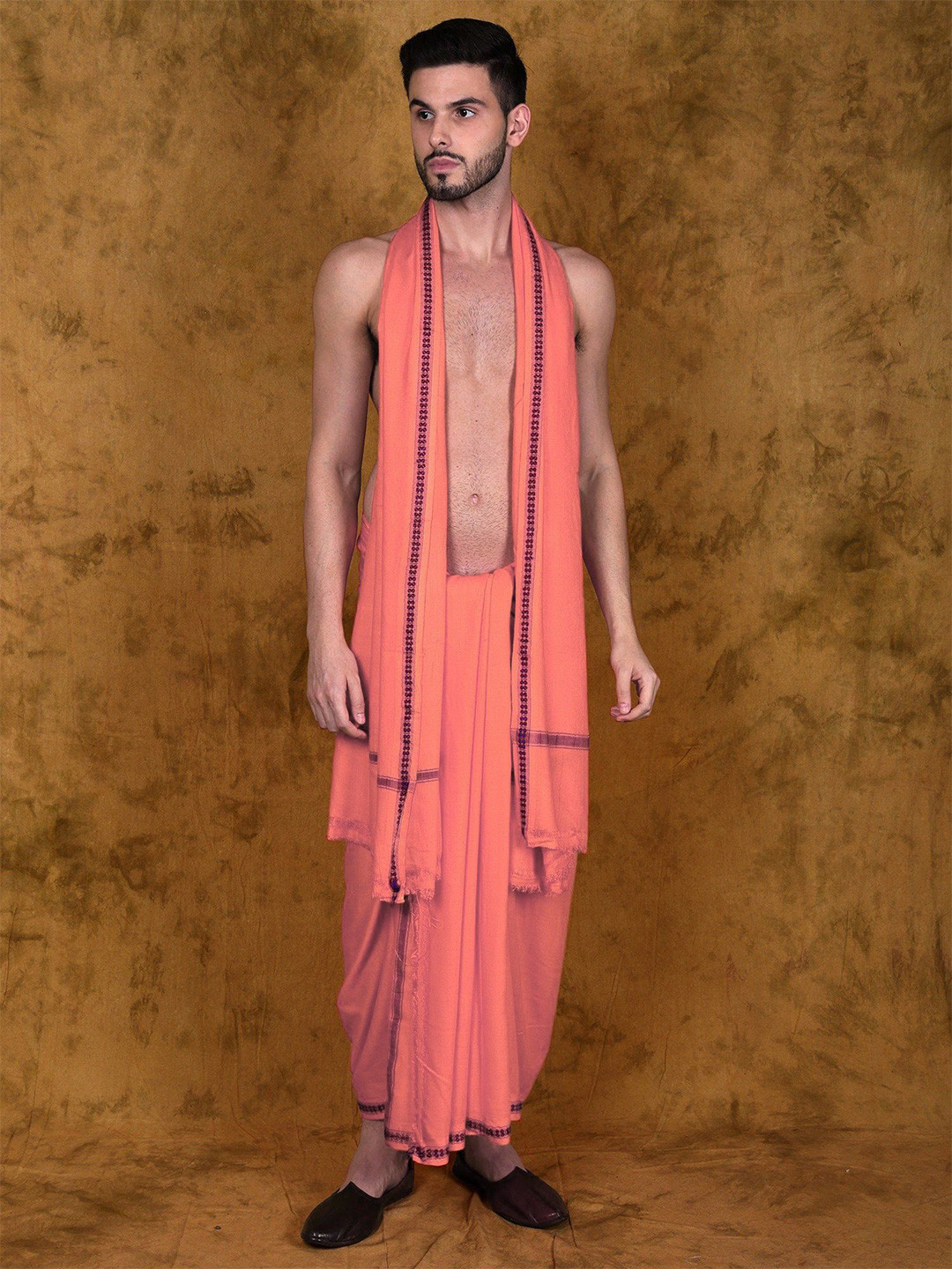 Exotic India Men Jute Fiber Dhoti with Angavastram Thread Woven Border from Varanasi