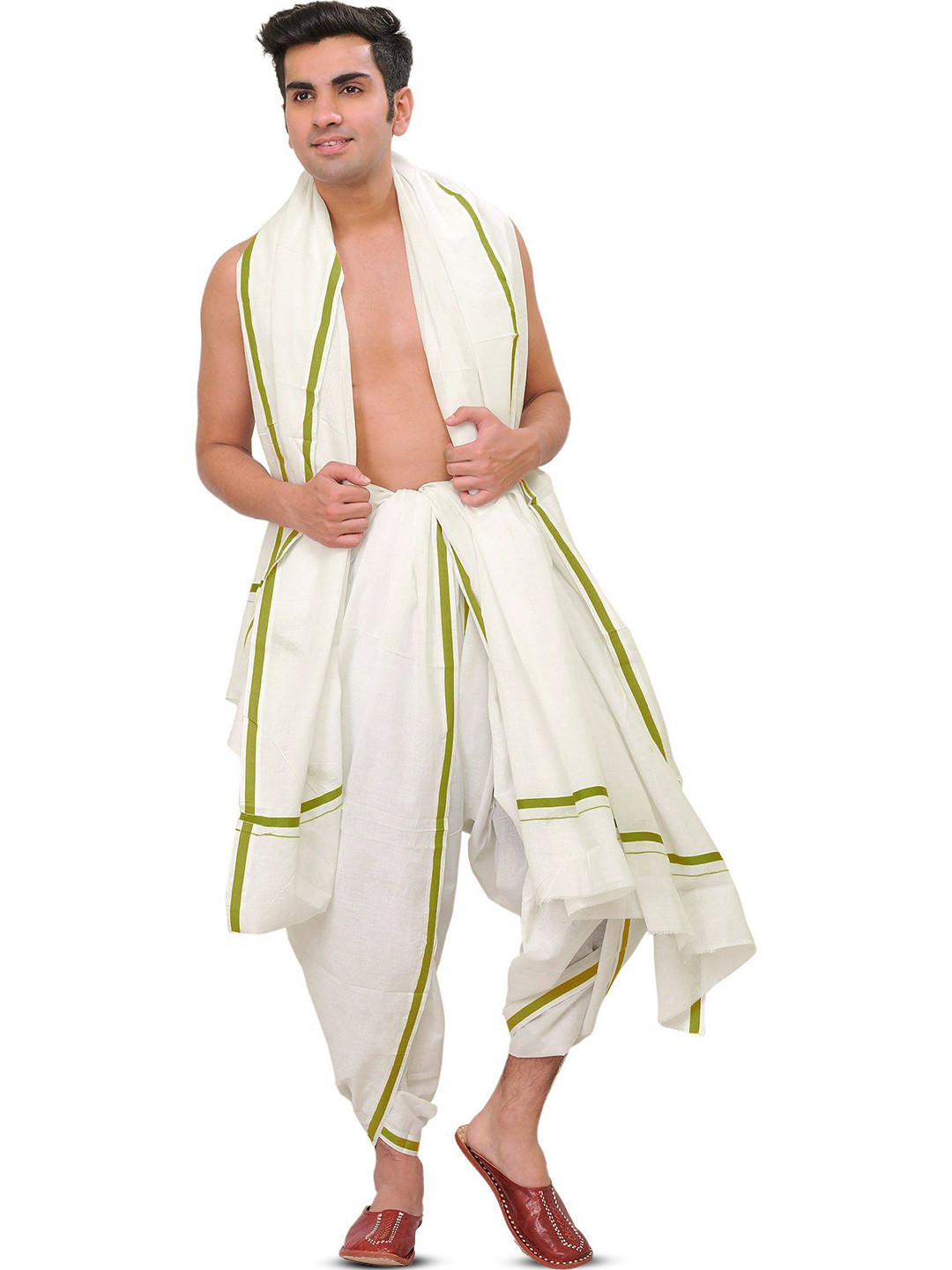 Exotic India Men Pure Cotton Plain Dhoti and Angavastram Set with Striped Border