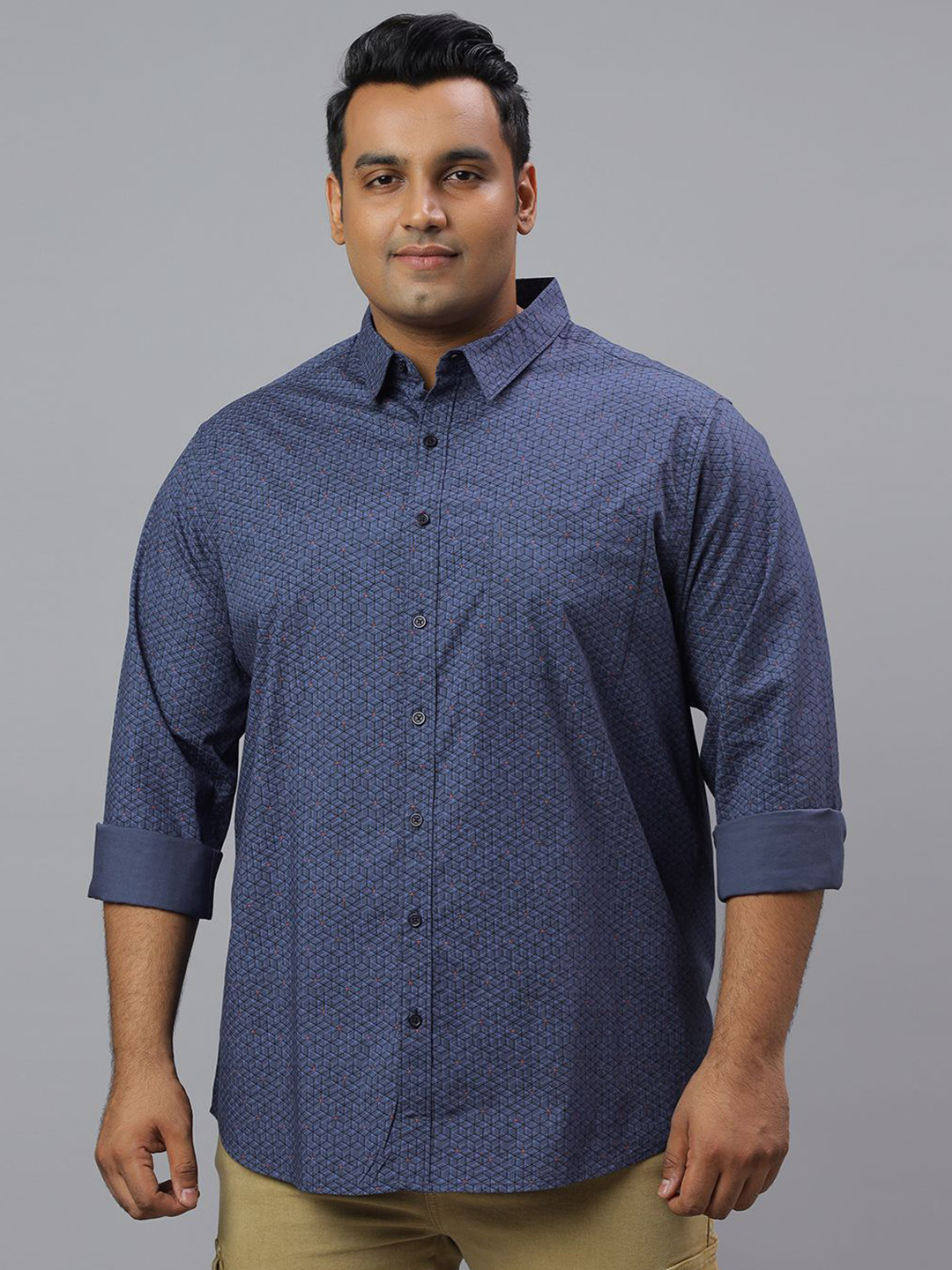 NEON CHILLIE Men Plus Size Comfort Fit Geometric Printed Spread Collar Cotton Casual Shirt