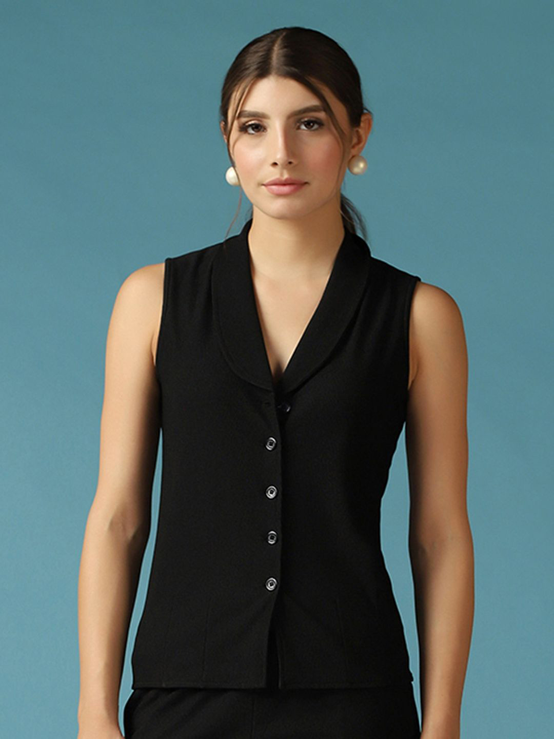 Selvia Women Solid Lapel Collar Vest Top