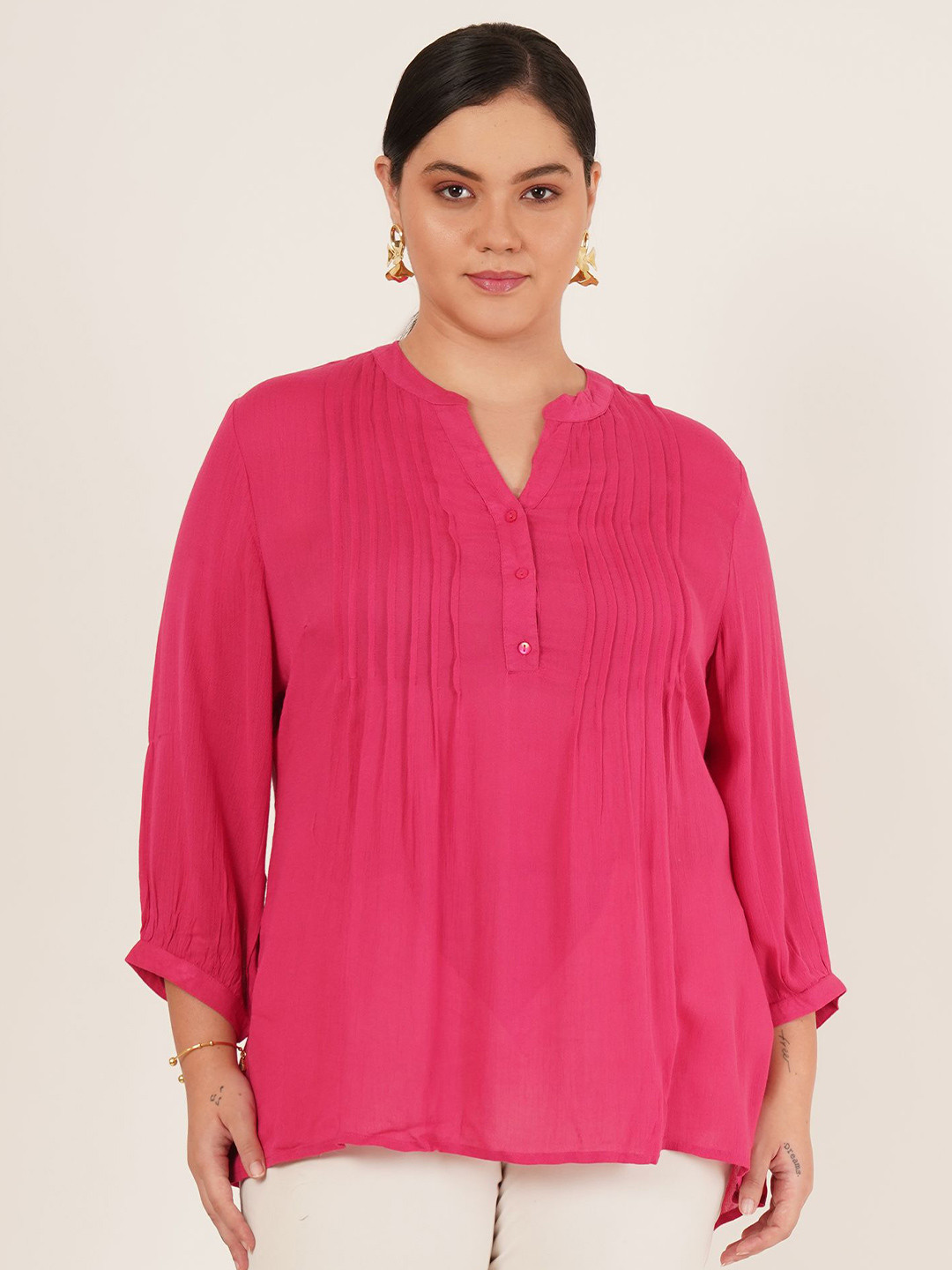 IX IMPRESSION Women Solid Gathered or Pleated Mandarin Collar Top